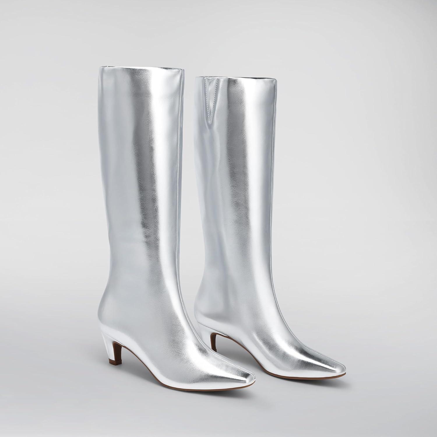 imageDREAM PAIRS Women Knee High Boots 2 Inch Kitten Heel Fashion Square Toe Wide Calf Long BootsSilver