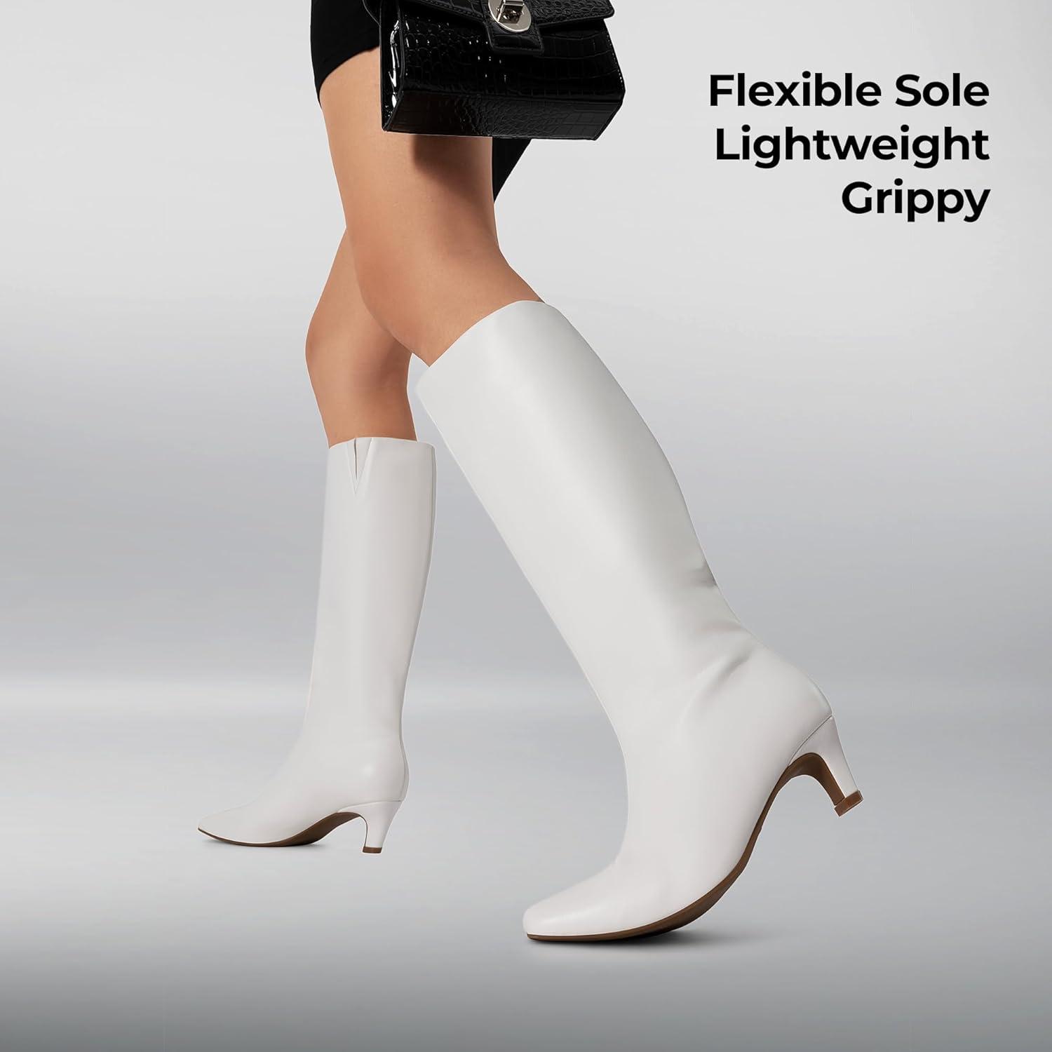imageDREAM PAIRS Women Knee High Boots 2 Inch Kitten Heel Fashion Square Toe Wide Calf Long BootsWhite