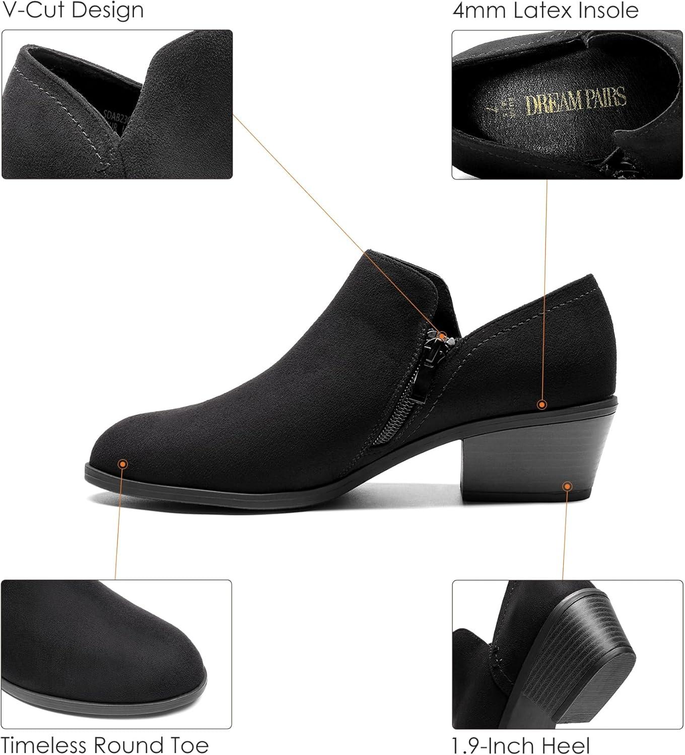 imageDREAM PAIRS Womens Ankle Boots Fall Boots Leather Thick Heel Side Zip Women Low Chunky Heeled BootiesBlacksuede