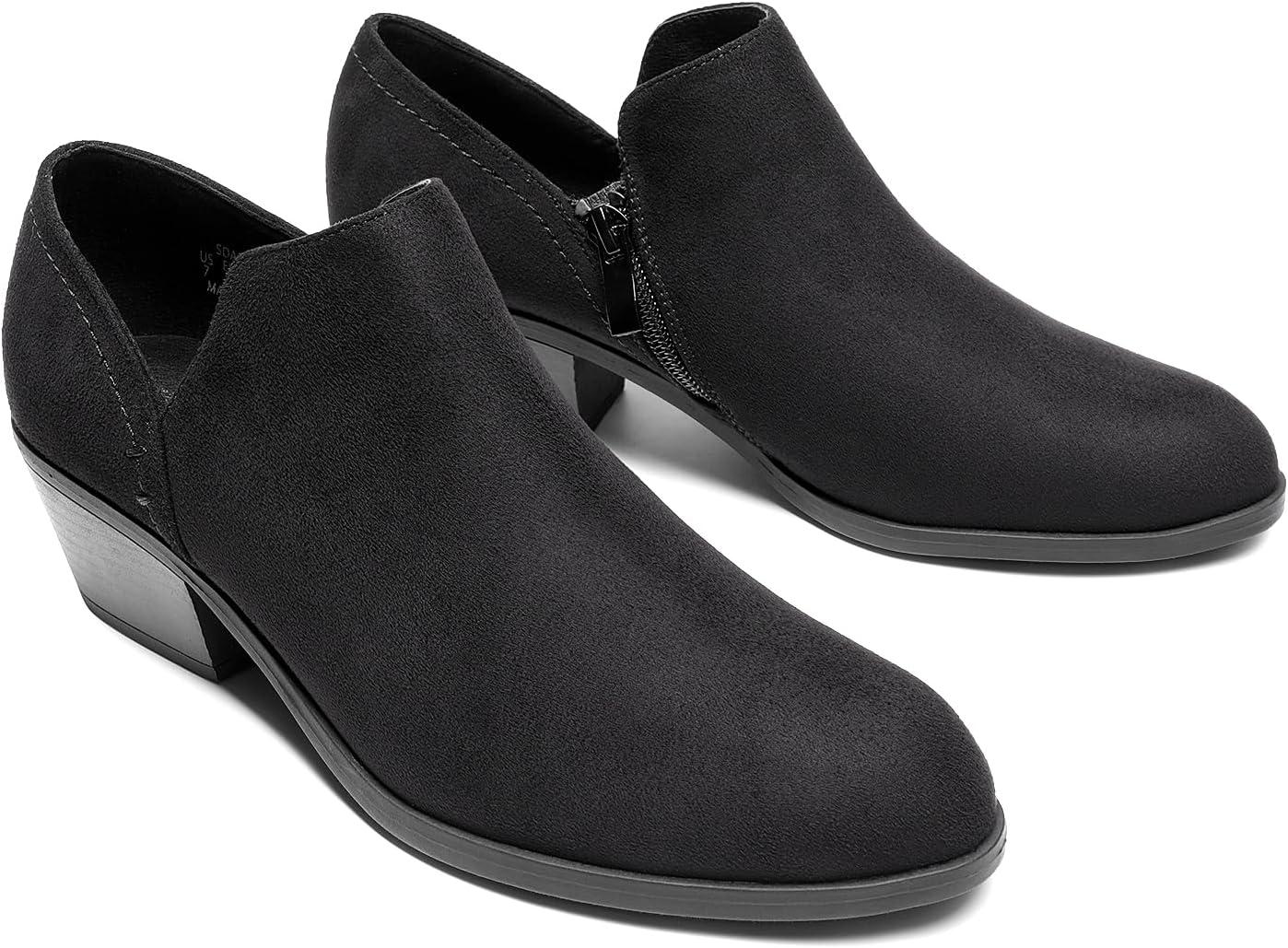 imageDREAM PAIRS Womens Ankle Boots Fall Boots Leather Thick Heel Side Zip Women Low Chunky Heeled BootiesBlacksuede