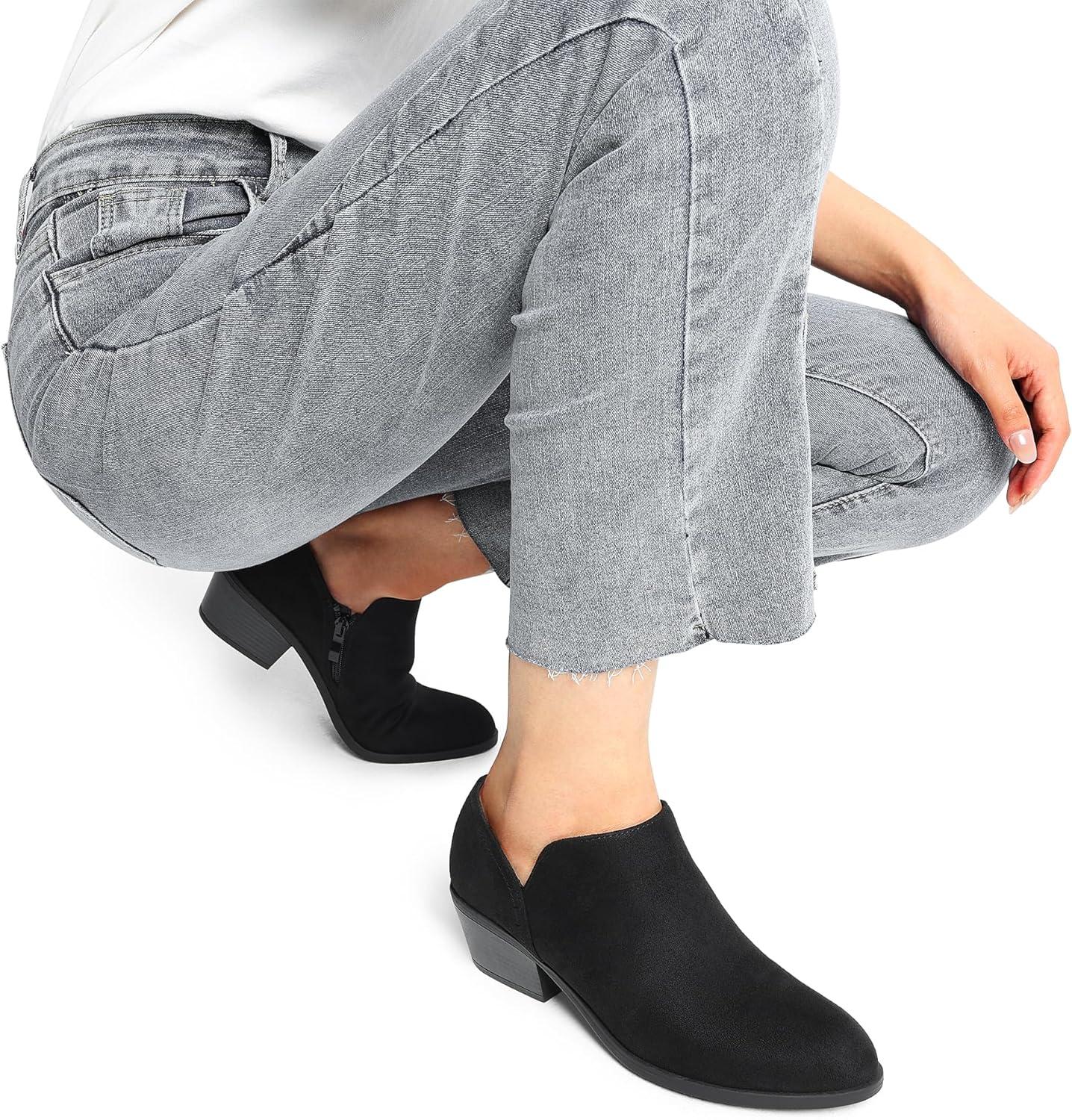 imageDREAM PAIRS Womens Ankle Boots Fall Boots Leather Thick Heel Side Zip Women Low Chunky Heeled BootiesBlacksuede