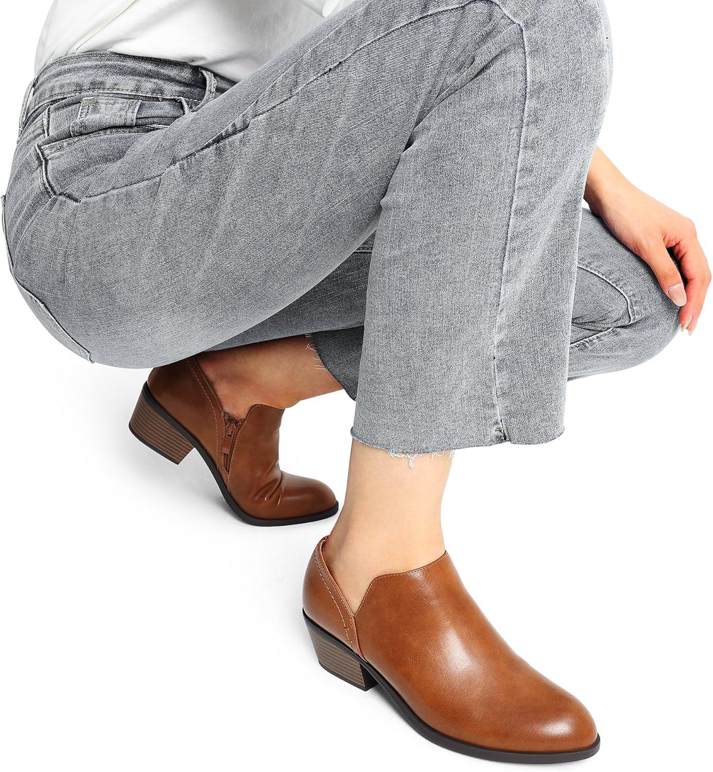 imageDREAM PAIRS Womens Ankle Boots Fall Boots Leather Thick Heel Side Zip Women Low Chunky Heeled BootiesBrownpu