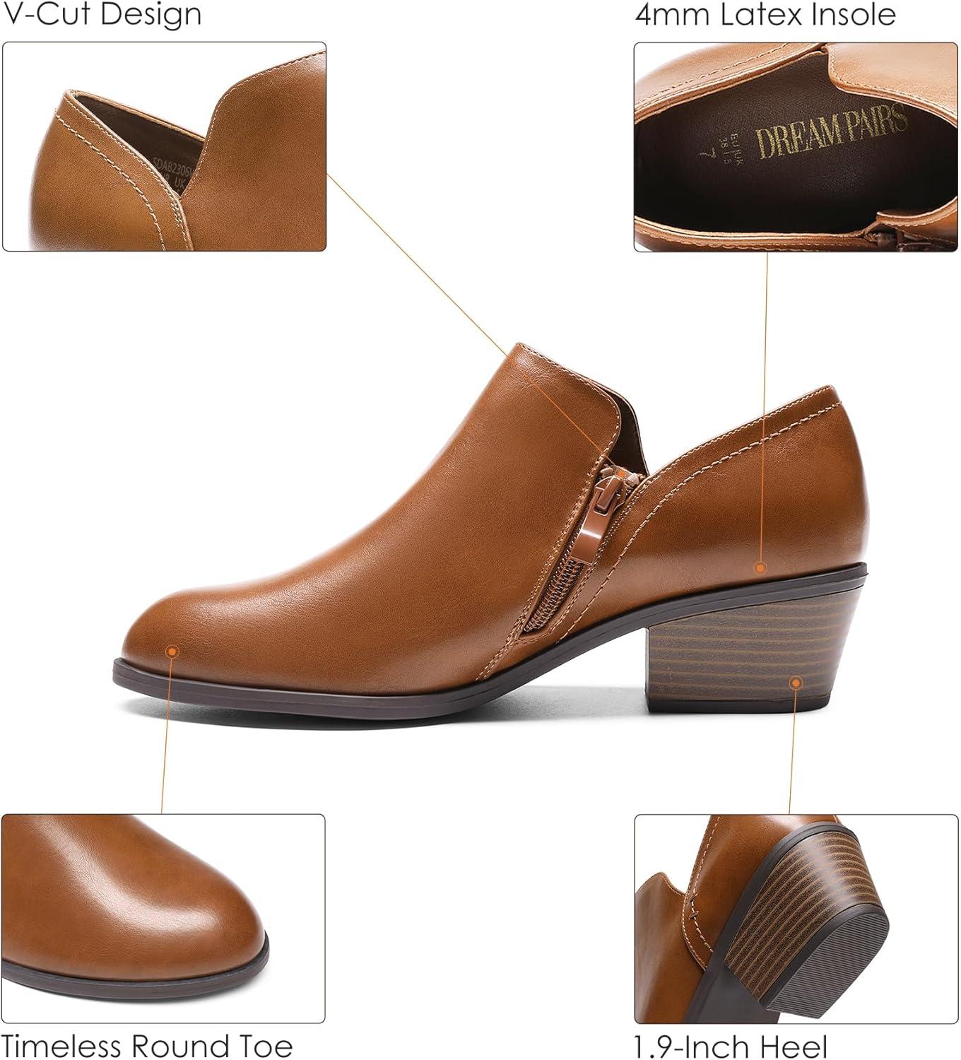 imageDREAM PAIRS Womens Ankle Boots Fall Boots Leather Thick Heel Side Zip Women Low Chunky Heeled BootiesBrownpu