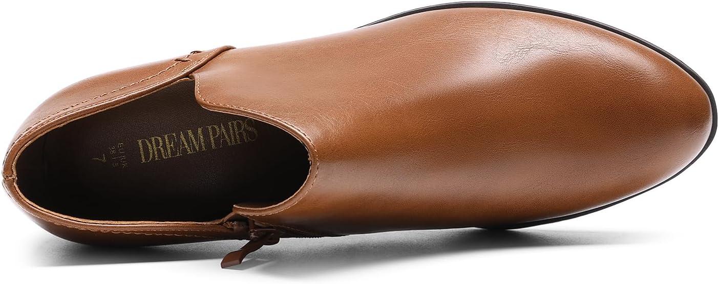 imageDREAM PAIRS Womens Ankle Boots Fall Boots Leather Thick Heel Side Zip Women Low Chunky Heeled BootiesBrownpu