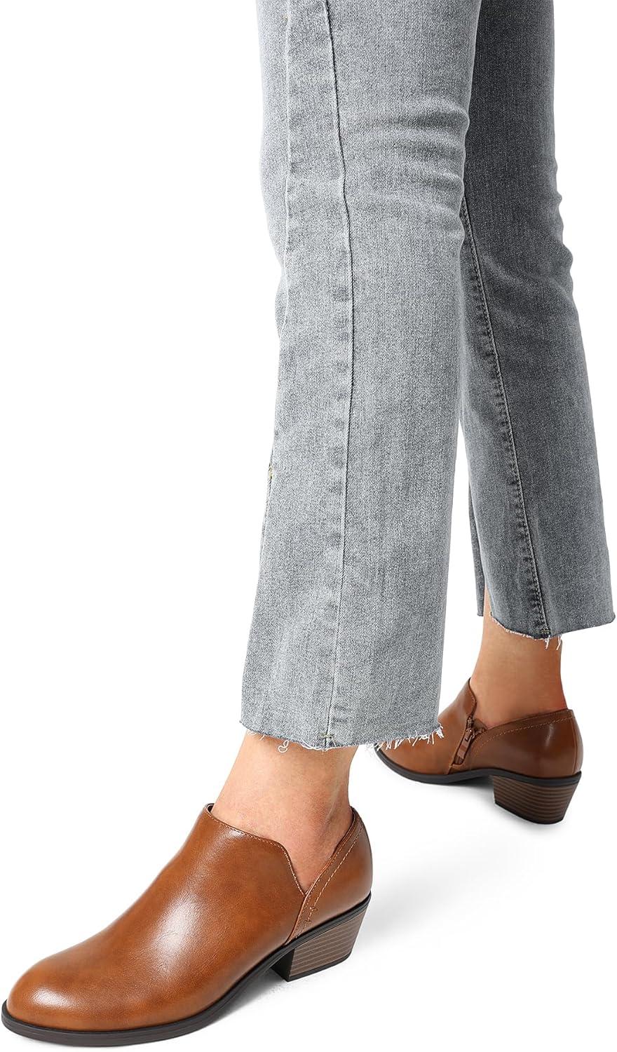 imageDREAM PAIRS Womens Ankle Boots Fall Boots Leather Thick Heel Side Zip Women Low Chunky Heeled BootiesBrownpu