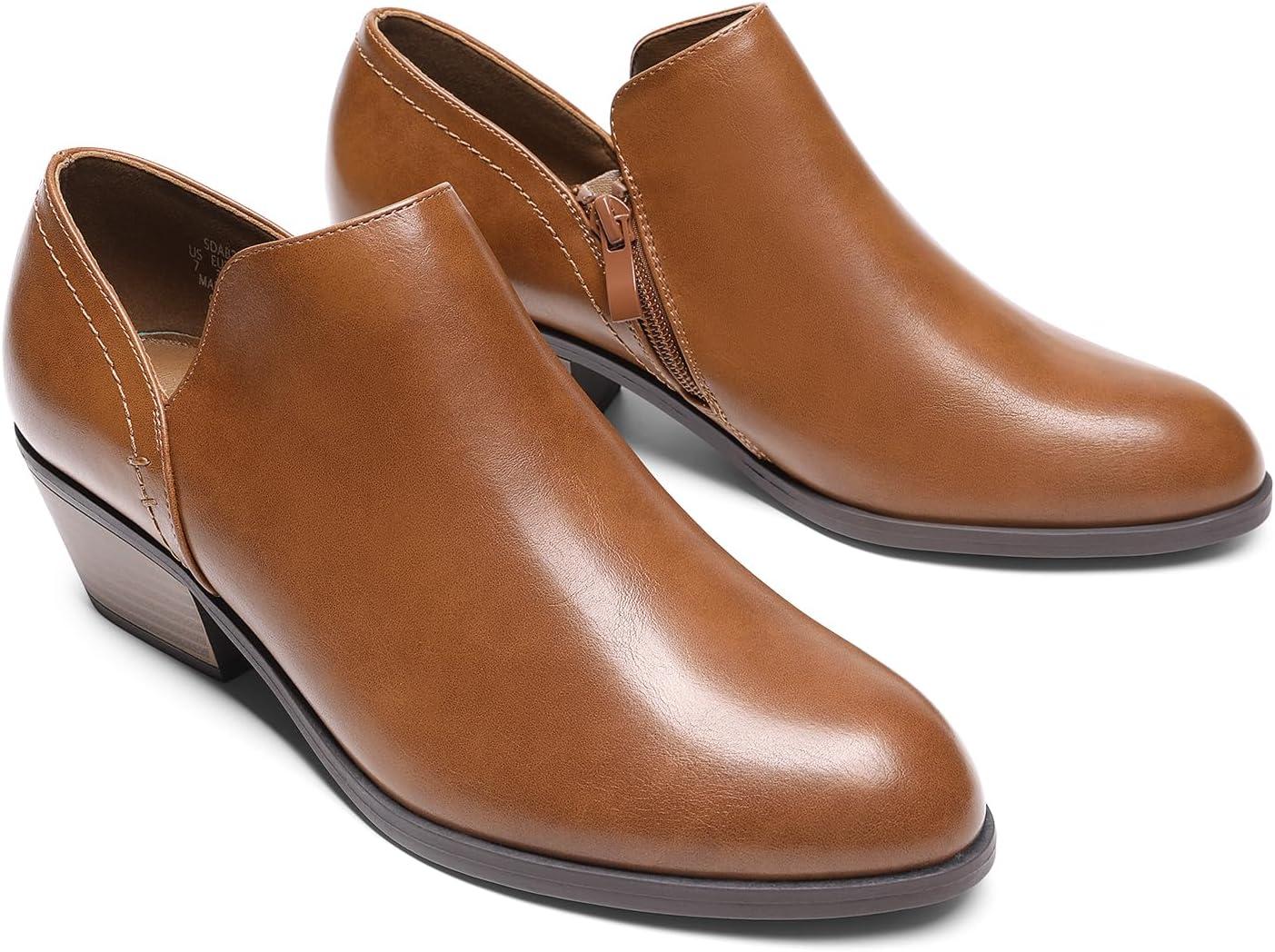 imageDREAM PAIRS Womens Ankle Boots Fall Boots Leather Thick Heel Side Zip Women Low Chunky Heeled BootiesBrownpu