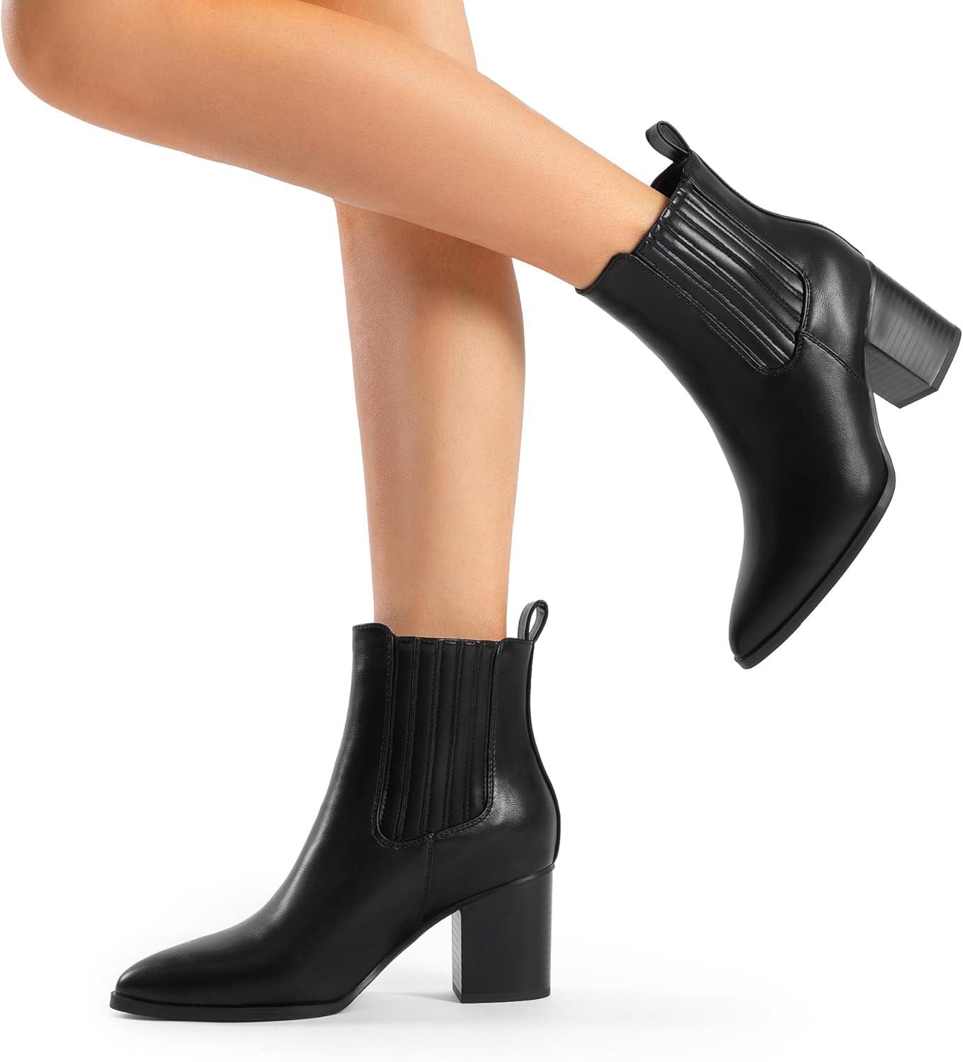 imageDREAM PAIRS Womens Ankle Boots Pointed Toe Chunky Block Heel Ankle Bootie Fall Short Booties ShoesBlackpu