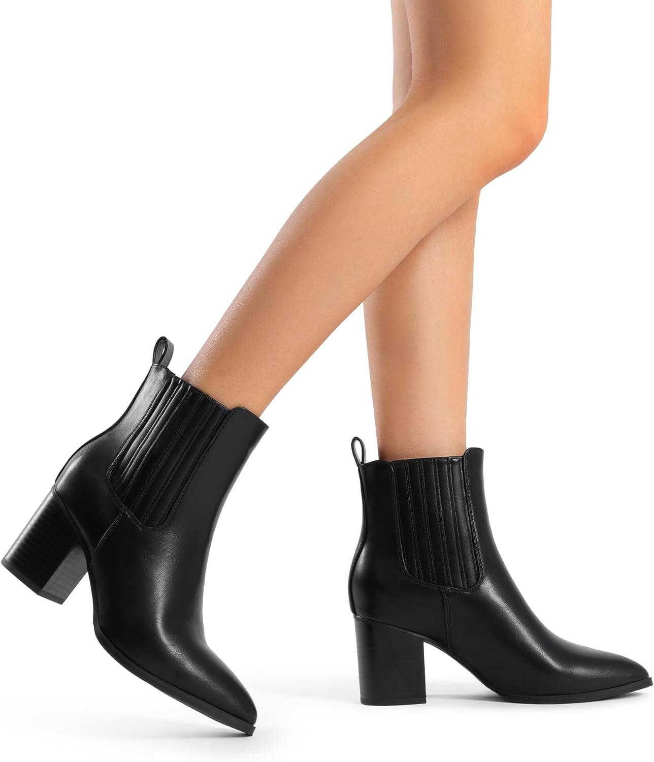 imageDREAM PAIRS Womens Ankle Boots Pointed Toe Chunky Block Heel Ankle Bootie Fall Short Booties ShoesBlackpu