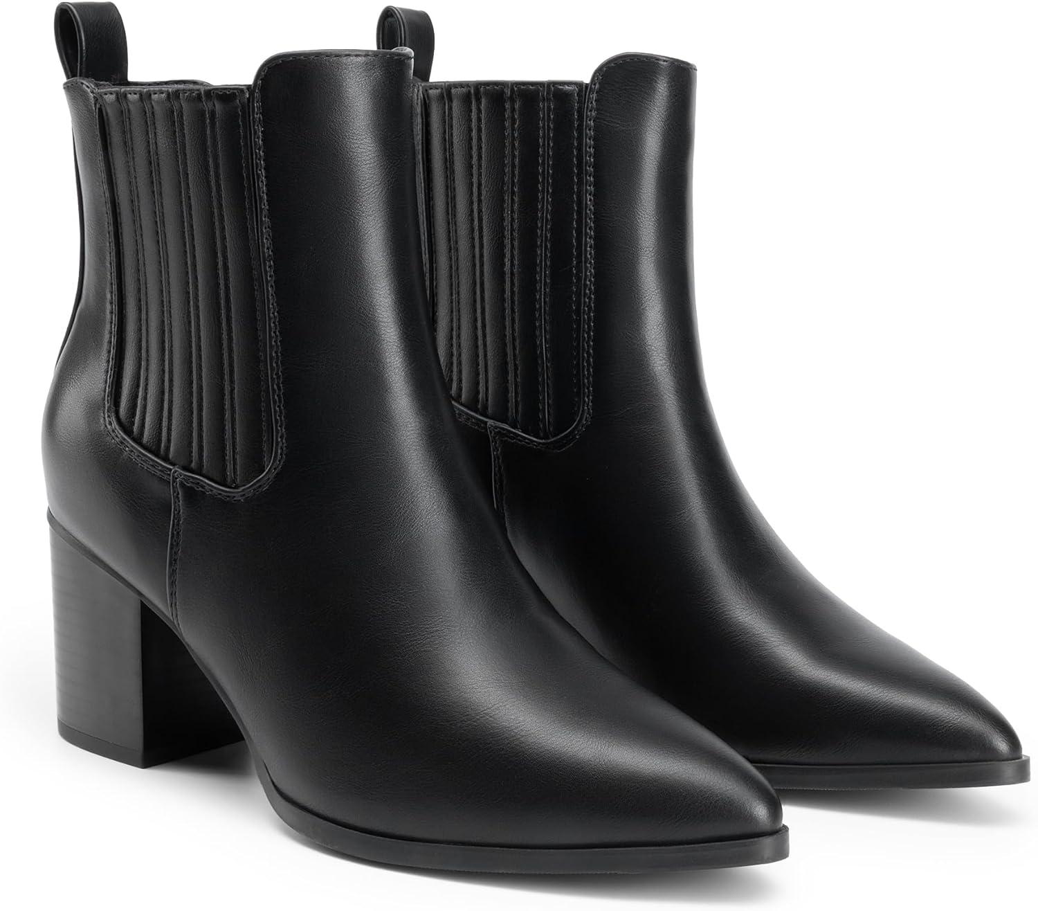 imageDREAM PAIRS Womens Ankle Boots Pointed Toe Chunky Block Heel Ankle Bootie Fall Short Booties ShoesBlackpu