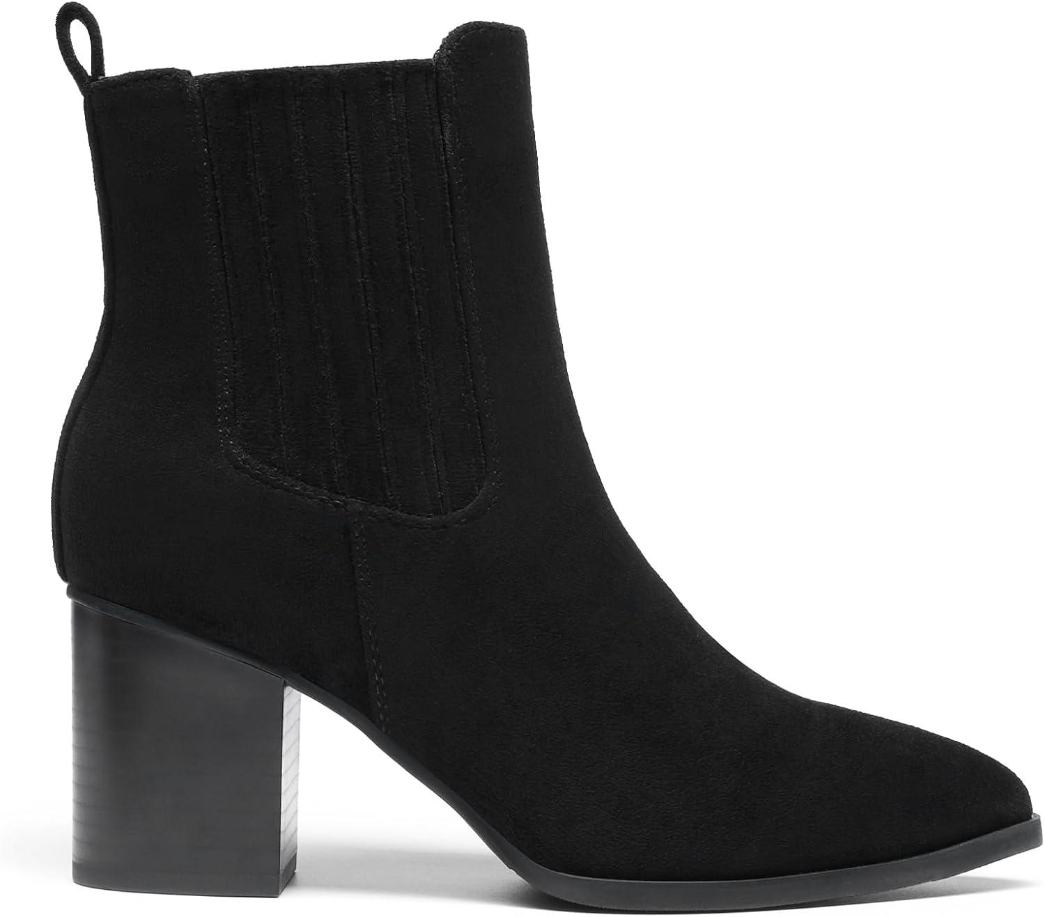 imageDREAM PAIRS Womens Ankle Boots Pointed Toe Chunky Block Heel Ankle Bootie Fall Short Booties ShoesBlacksuede