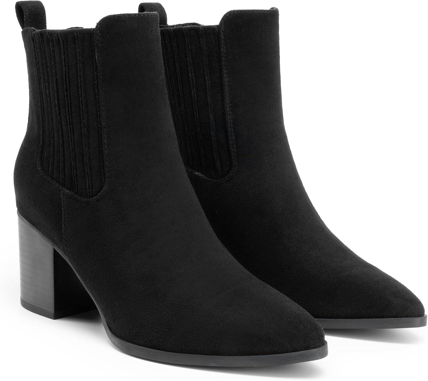 imageDREAM PAIRS Womens Ankle Boots Pointed Toe Chunky Block Heel Ankle Bootie Fall Short Booties ShoesBlacksuede