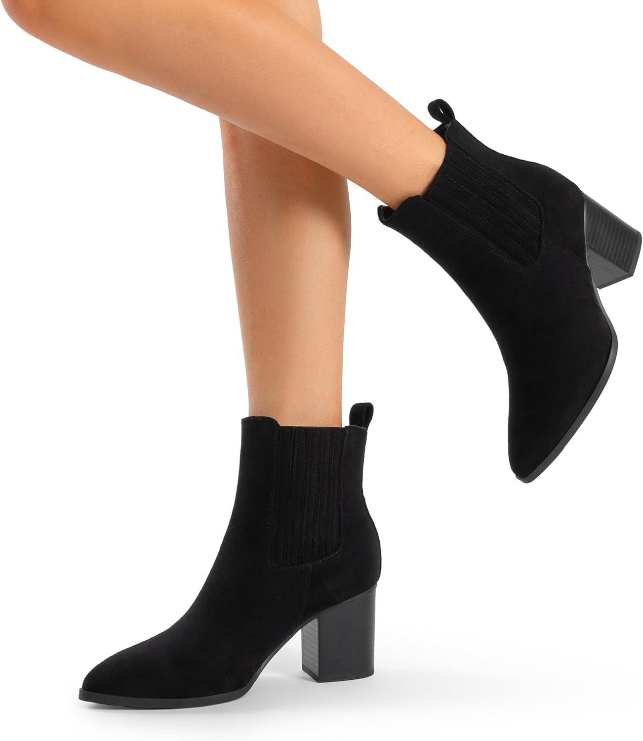 imageDREAM PAIRS Womens Ankle Boots Pointed Toe Chunky Block Heel Ankle Bootie Fall Short Booties ShoesBlacksuede