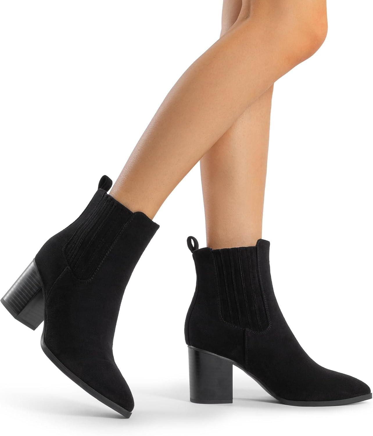 imageDREAM PAIRS Womens Ankle Boots Pointed Toe Chunky Block Heel Ankle Bootie Fall Short Booties ShoesBlacksuede