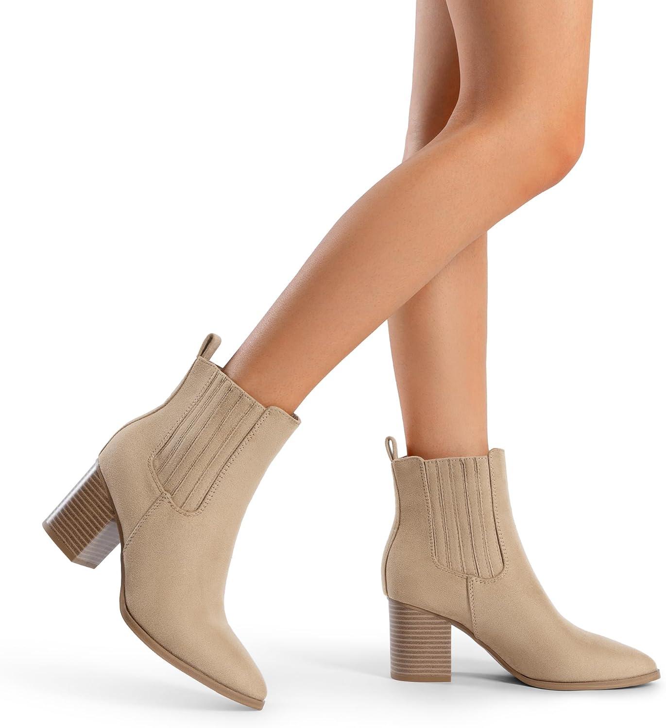 imageDREAM PAIRS Womens Ankle Boots Pointed Toe Chunky Block Heel Ankle Bootie Fall Short Booties ShoesNude