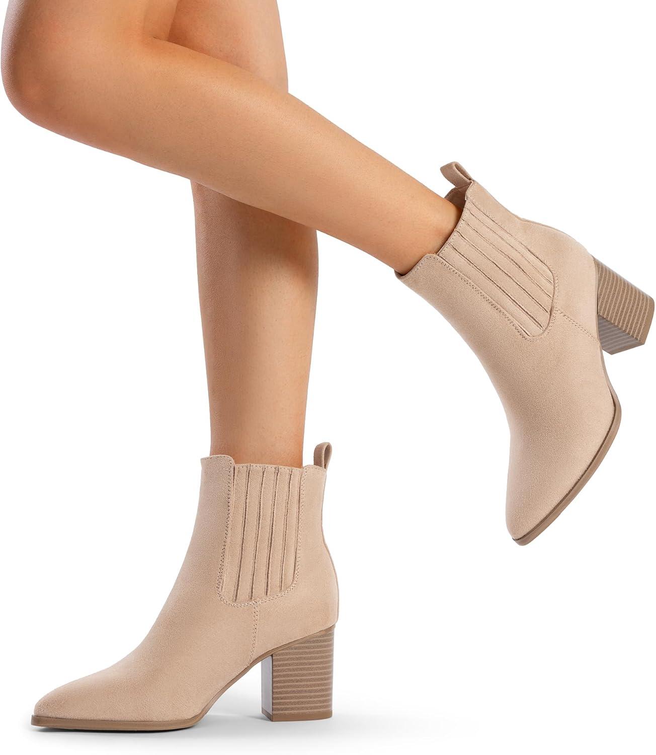 imageDREAM PAIRS Womens Ankle Boots Pointed Toe Chunky Block Heel Ankle Bootie Fall Short Booties ShoesSand