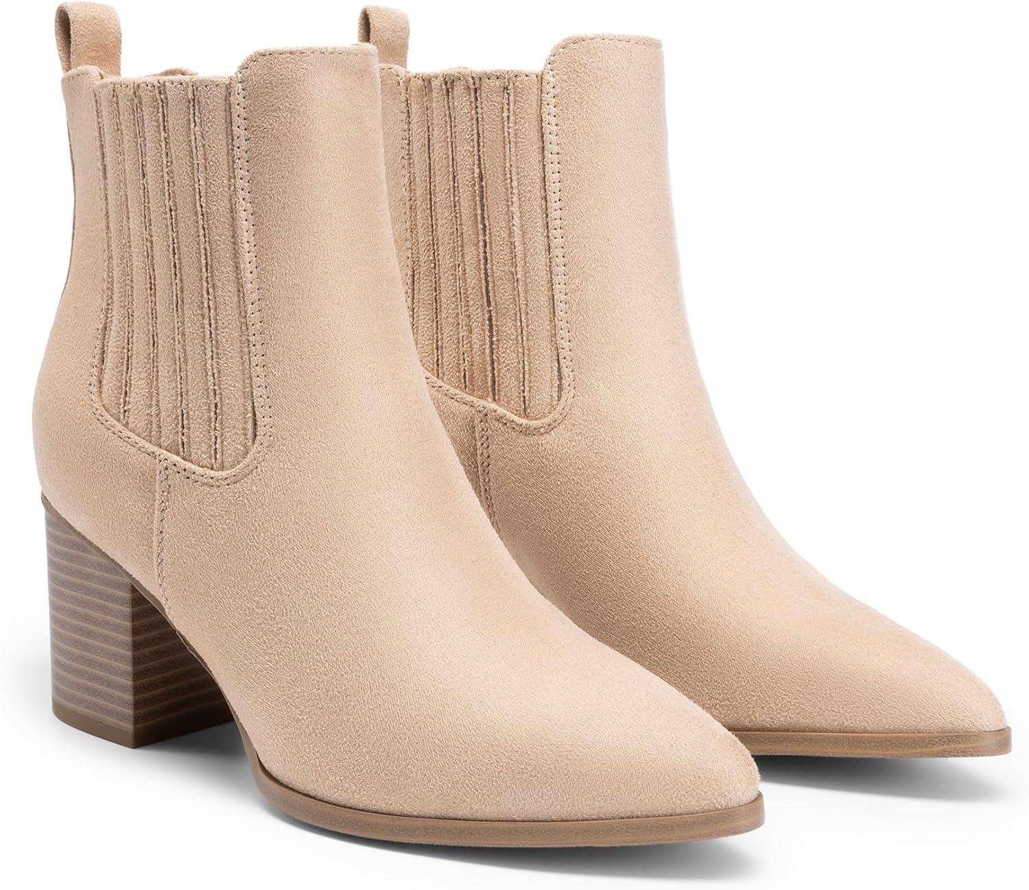 imageDREAM PAIRS Womens Ankle Boots Pointed Toe Chunky Block Heel Ankle Bootie Fall Short Booties ShoesSand