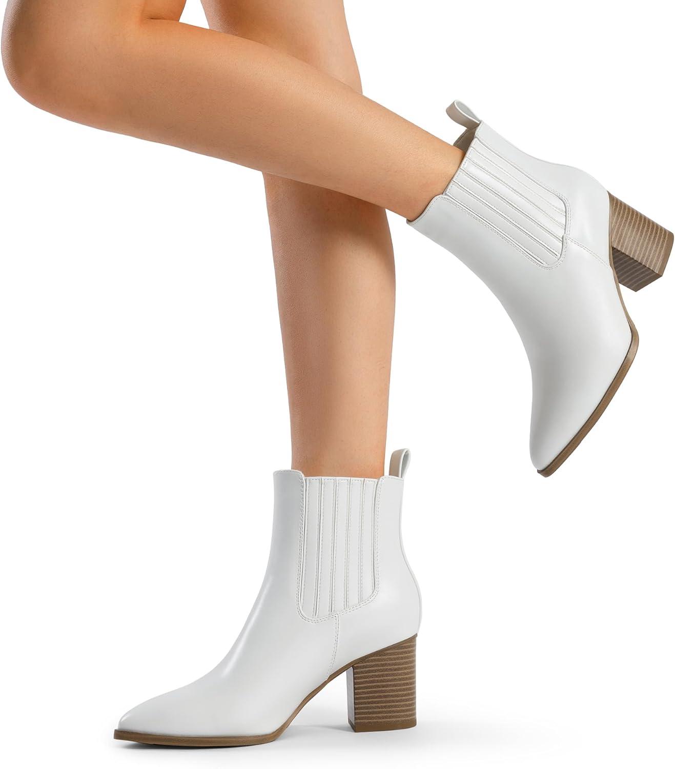 imageDREAM PAIRS Womens Ankle Boots Pointed Toe Chunky Block Heel Ankle Bootie Fall Short Booties ShoesWhite