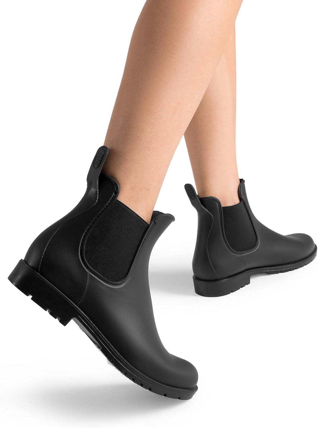 imageDREAM PAIRS Womens Ankle Rain Boots Chelsea Short Boots Waterproof Elastic Slip On Lightweight Comfortable Garden Outdoor ShoesBlack