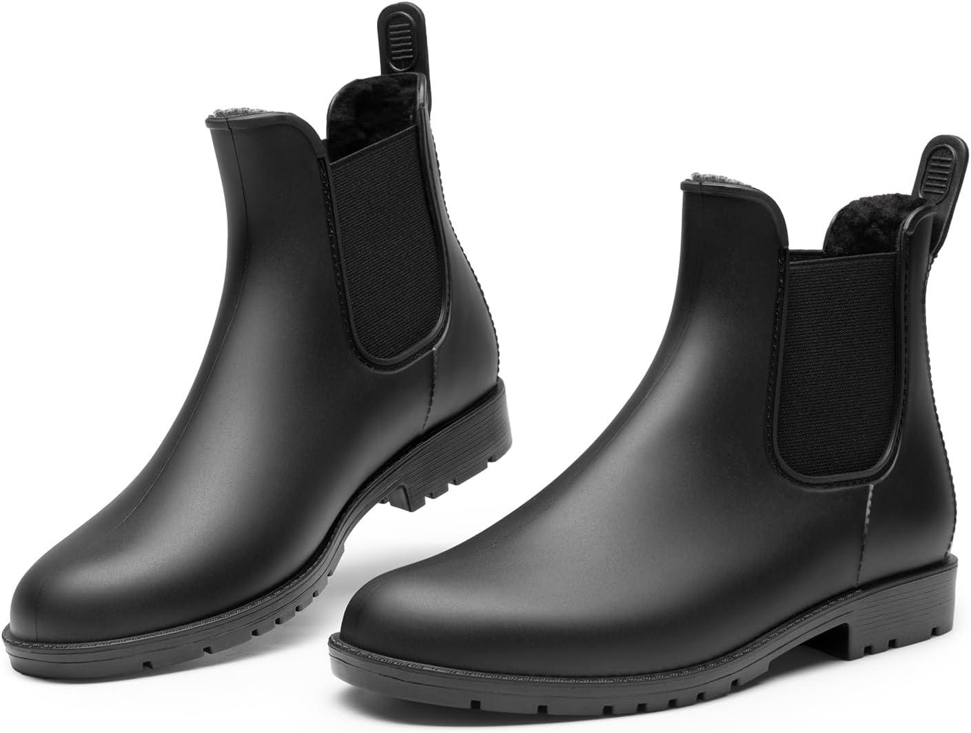 imageDREAM PAIRS Womens Ankle Rain Boots Chelsea Short Boots Waterproof Elastic Slip On Lightweight Comfortable Garden Outdoor ShoesBlackfurry