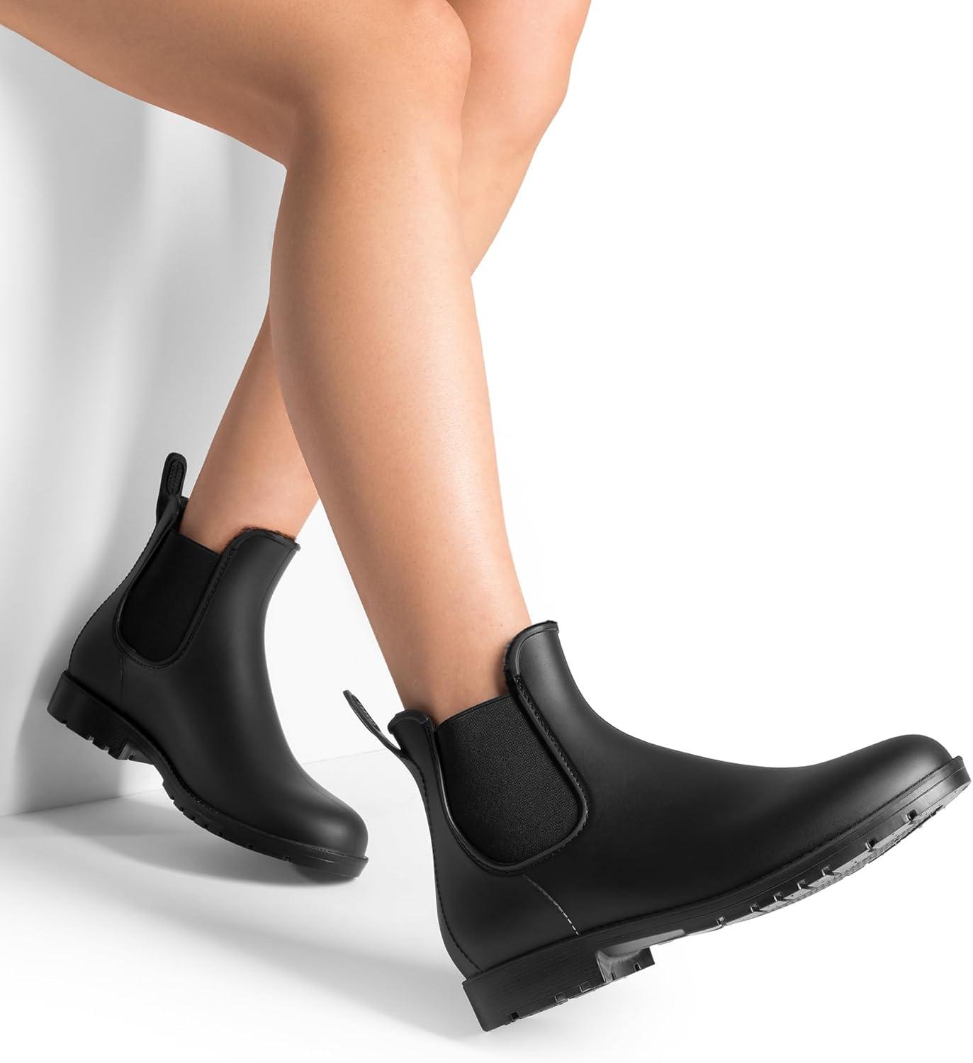 imageDREAM PAIRS Womens Ankle Rain Boots Chelsea Short Boots Waterproof Elastic Slip On Lightweight Comfortable Garden Outdoor ShoesBlackfurry