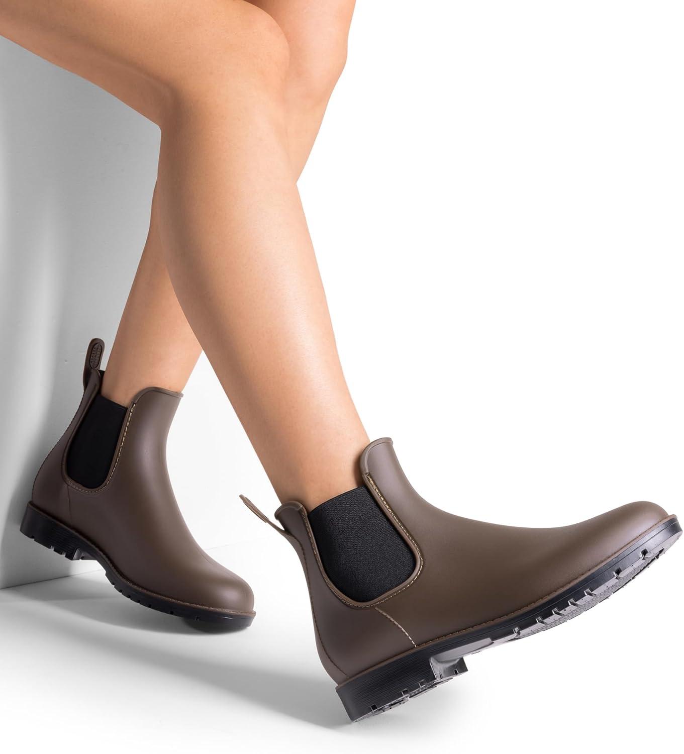 imageDREAM PAIRS Womens Ankle Rain Boots Chelsea Short Boots Waterproof Elastic Slip On Lightweight Comfortable Garden Outdoor ShoesDark Brown