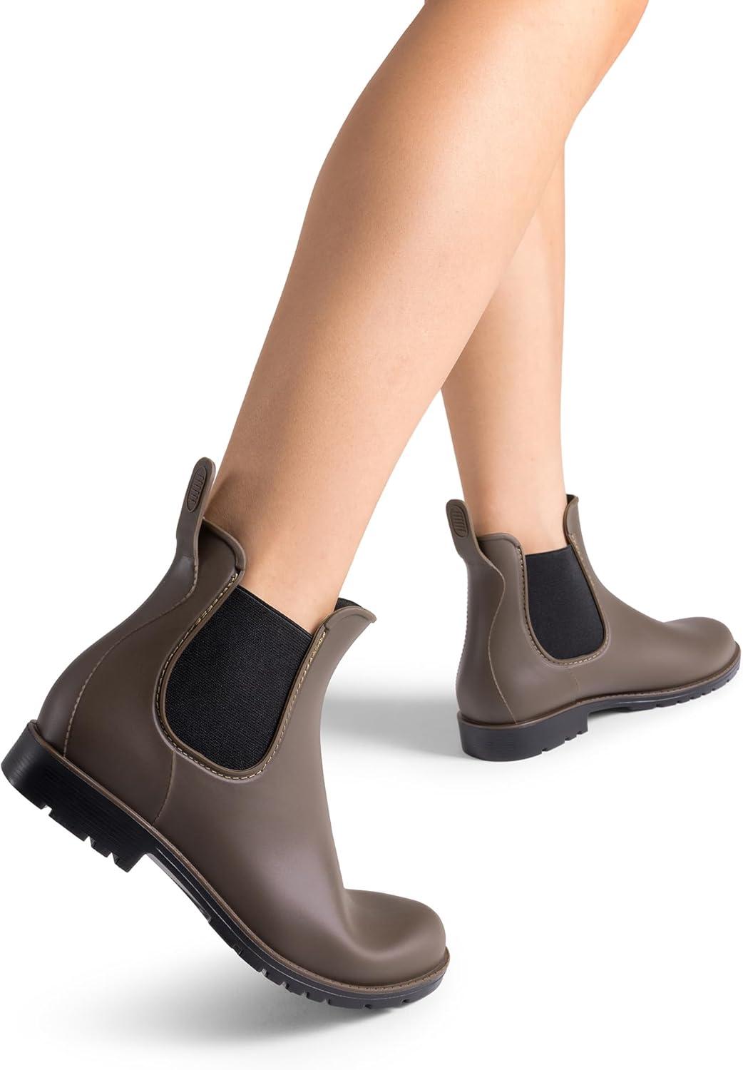 imageDREAM PAIRS Womens Ankle Rain Boots Chelsea Short Boots Waterproof Elastic Slip On Lightweight Comfortable Garden Outdoor ShoesDark Brown