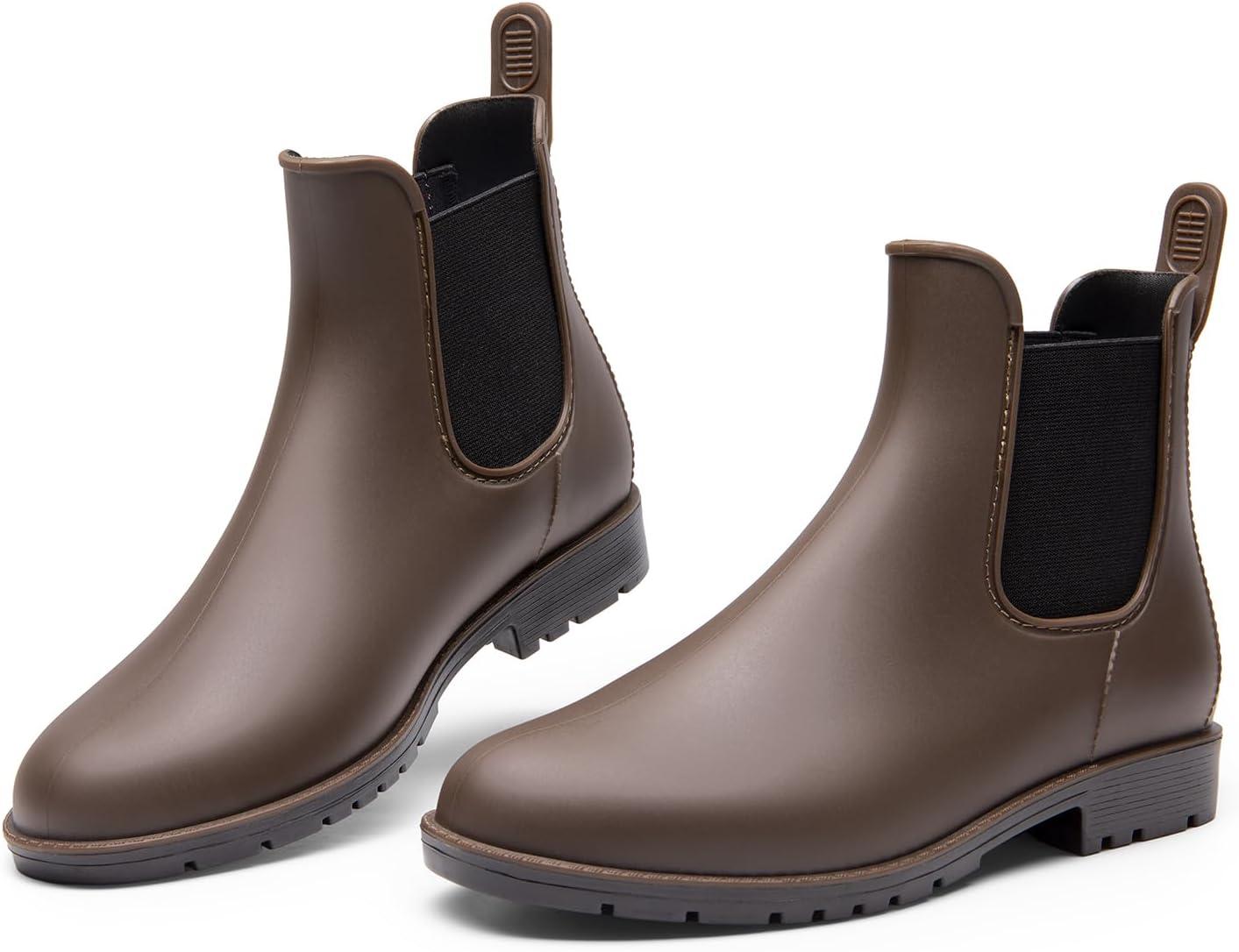 imageDREAM PAIRS Womens Ankle Rain Boots Chelsea Short Boots Waterproof Elastic Slip On Lightweight Comfortable Garden Outdoor ShoesDark Brown