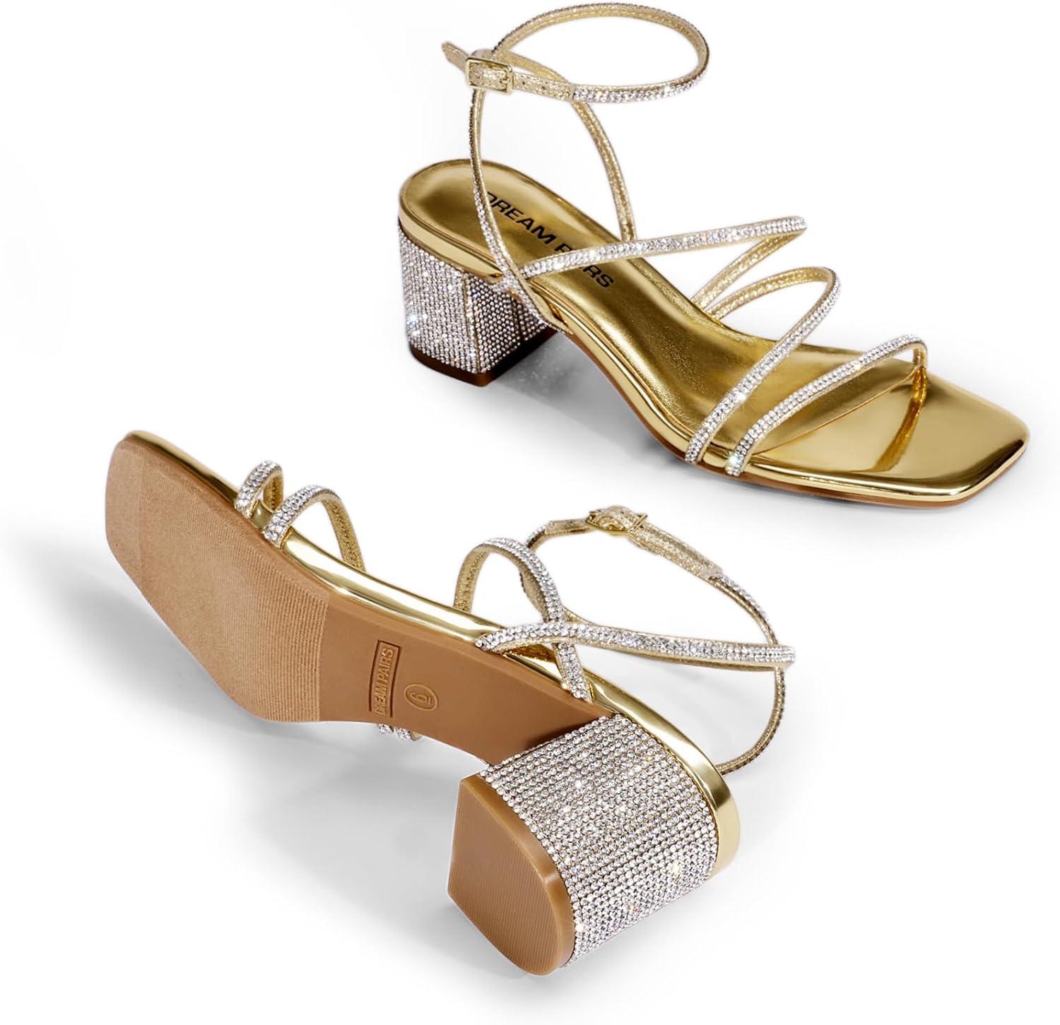 imageDREAM PAIRS Womens Block Heels 2 inch Strappy Square Toe Dressy Chunky Low Heeled Sandals for Party Wedding EveningGoldrhinestone