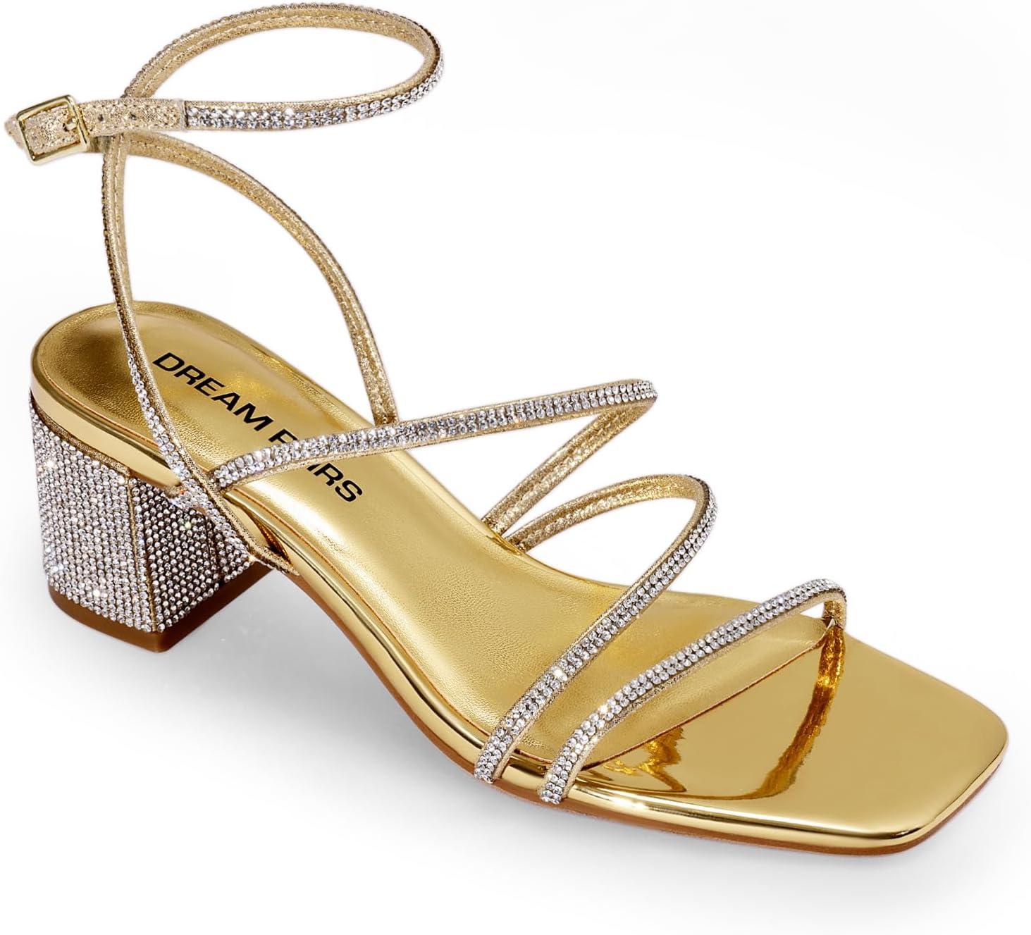 imageDREAM PAIRS Womens Block Heels 2 inch Strappy Square Toe Dressy Chunky Low Heeled Sandals for Party Wedding EveningGoldrhinestone