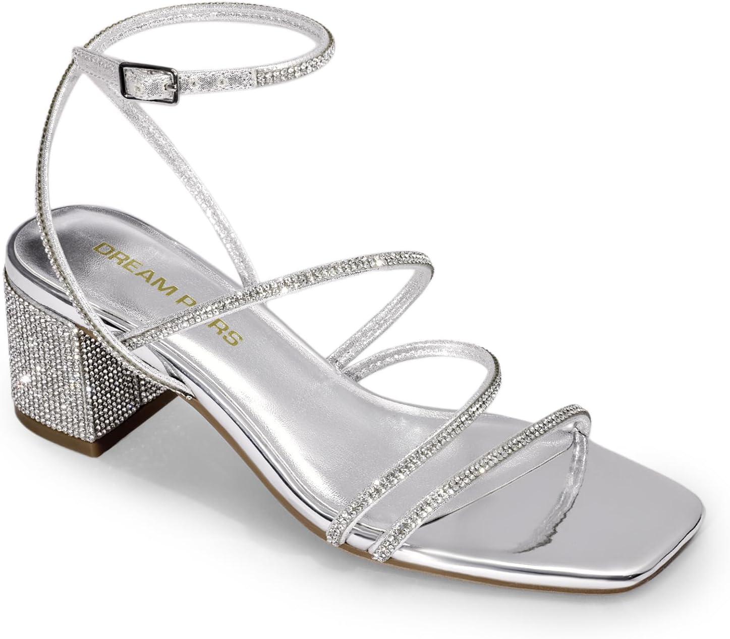 imageDREAM PAIRS Womens Block Heels 2 inch Strappy Square Toe Dressy Chunky Low Heeled Sandals for Party Wedding EveningSilverrhinestone