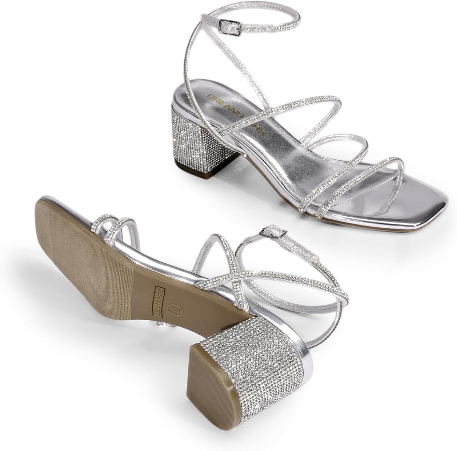 imageDREAM PAIRS Womens Block Heels 2 inch Strappy Square Toe Dressy Chunky Low Heeled Sandals for Party Wedding EveningSilverrhinestone