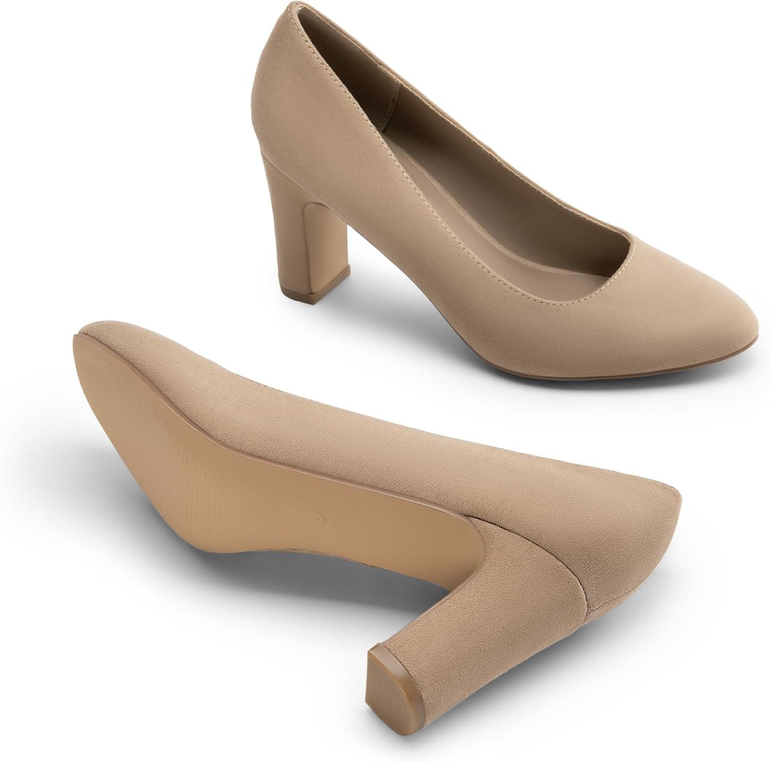 imageDREAM PAIRS Womens Block Heels Closed Toe High Chunky Rounded Toe Pumps Comfortable Slip On Work ShoesKhaki