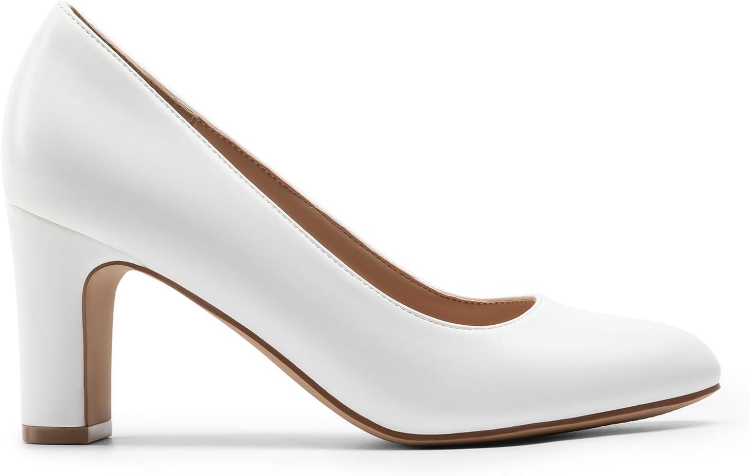 imageDREAM PAIRS Womens Block Heels Closed Toe High Chunky Rounded Toe Pumps Comfortable Slip On Work ShoesWhite