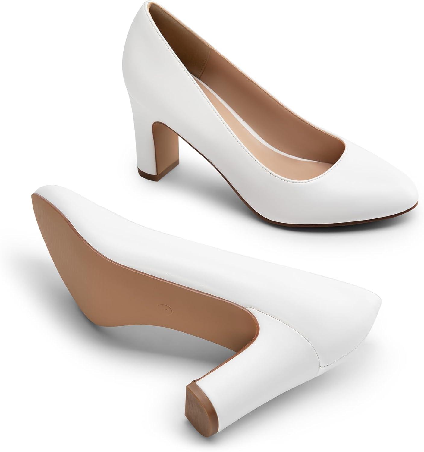 imageDREAM PAIRS Womens Block Heels Closed Toe High Chunky Rounded Toe Pumps Comfortable Slip On Work ShoesWhite