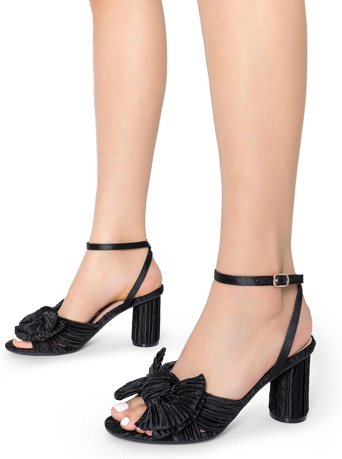 imageDREAM PAIRS Womens Bow Knot Heeled Sandals Low Chunky Heels Open Toe Ankle Strap Slingback Dress Shoes for Wedding Bridal PartyBlack