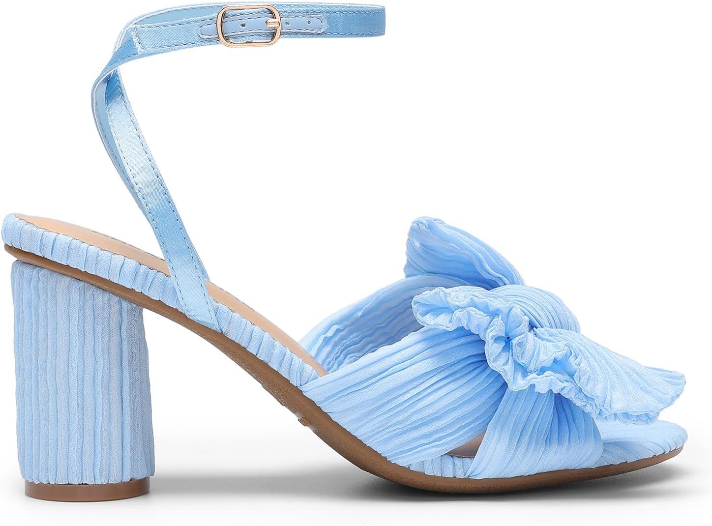 imageDREAM PAIRS Womens Bow Knot Heeled Sandals Low Chunky Heels Open Toe Ankle Strap Slingback Dress Shoes for Wedding Bridal PartyBlue