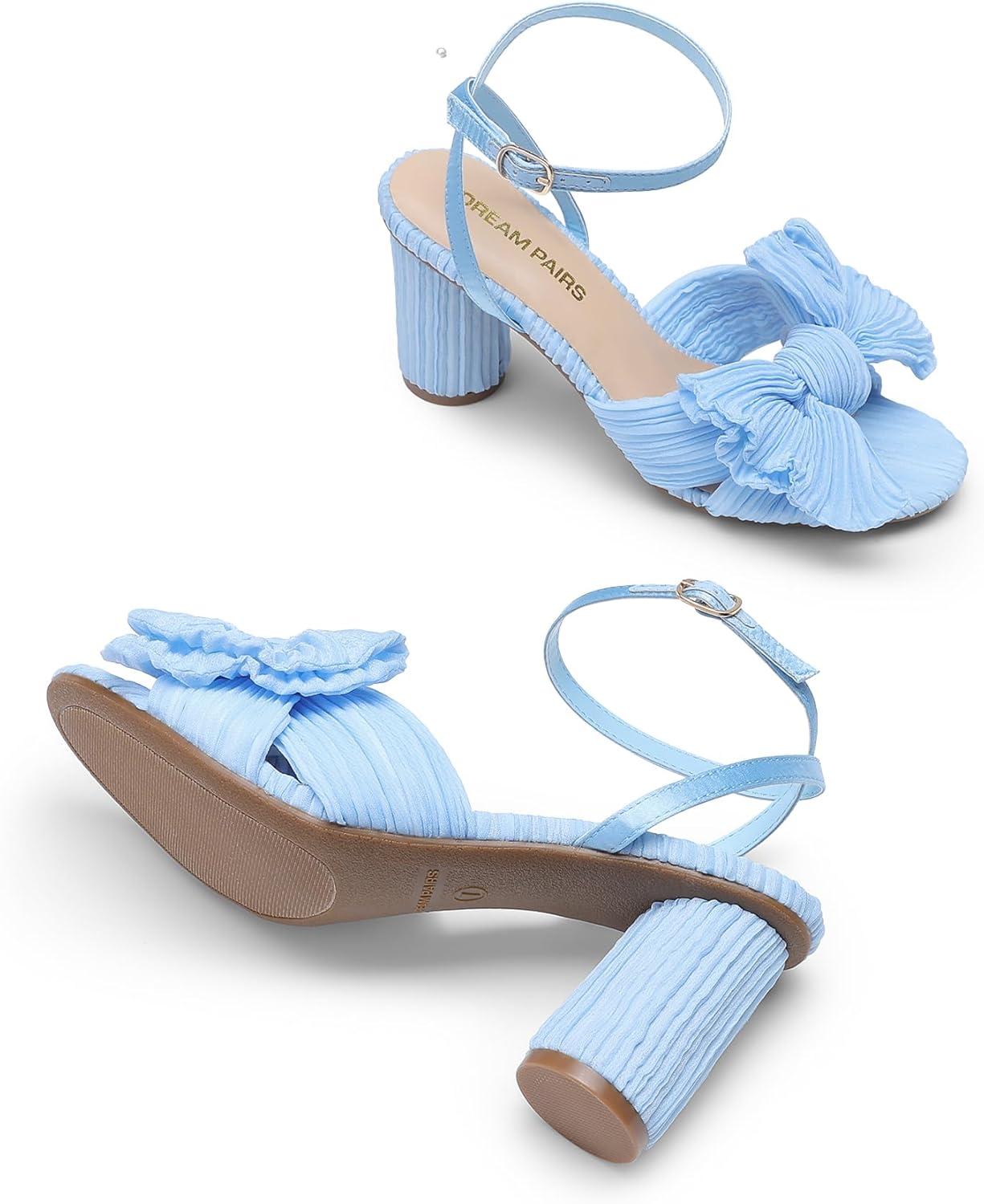 imageDREAM PAIRS Womens Bow Knot Heeled Sandals Low Chunky Heels Open Toe Ankle Strap Slingback Dress Shoes for Wedding Bridal PartyBlue