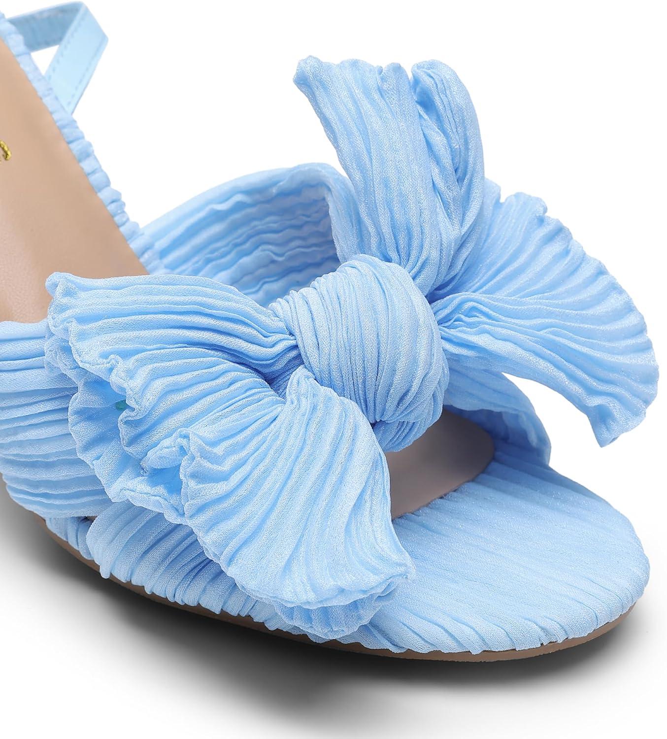 imageDREAM PAIRS Womens Bow Knot Heeled Sandals Low Chunky Heels Open Toe Ankle Strap Slingback Dress Shoes for Wedding Bridal PartyBlue