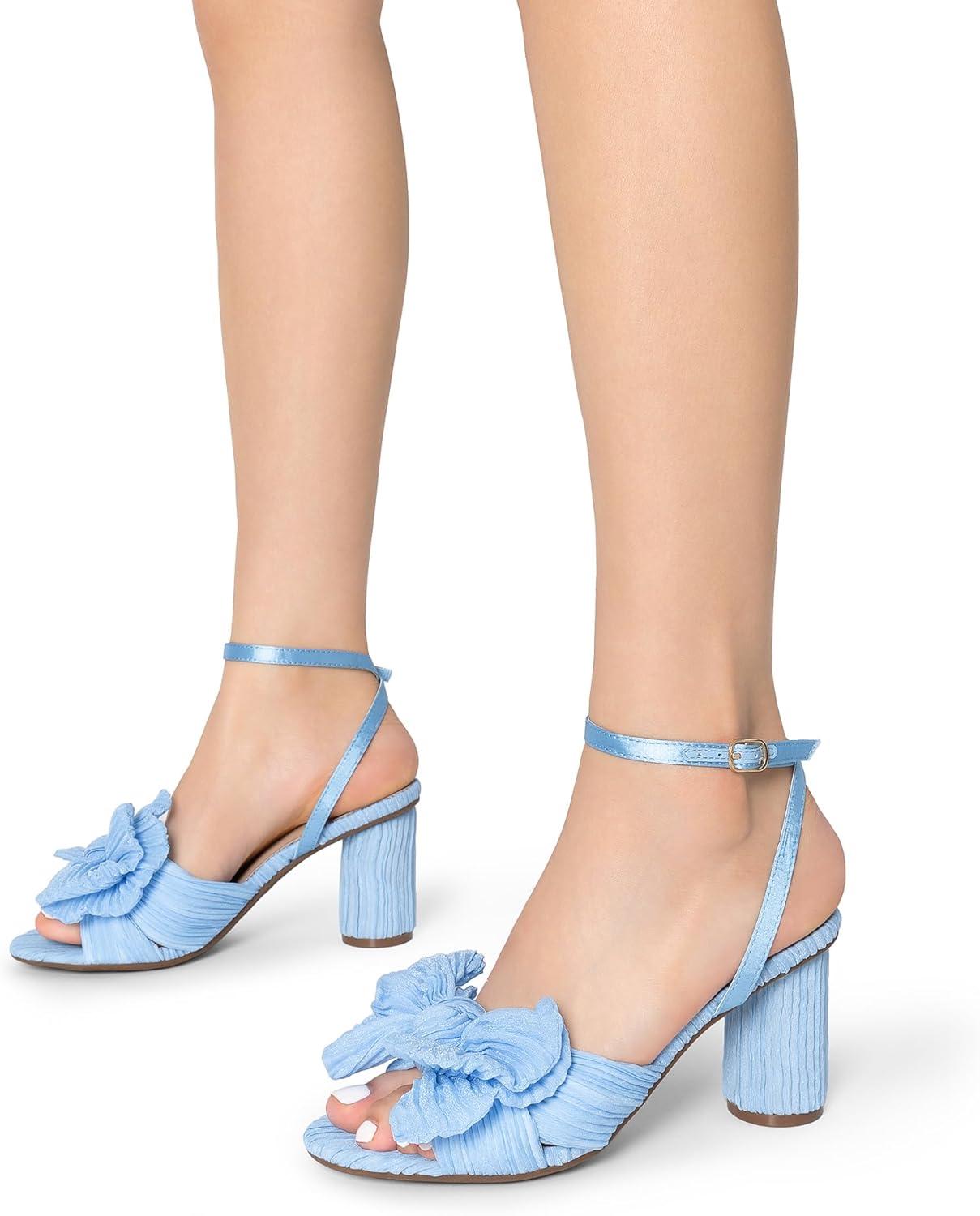 imageDREAM PAIRS Womens Bow Knot Heeled Sandals Low Chunky Heels Open Toe Ankle Strap Slingback Dress Shoes for Wedding Bridal PartyBlue