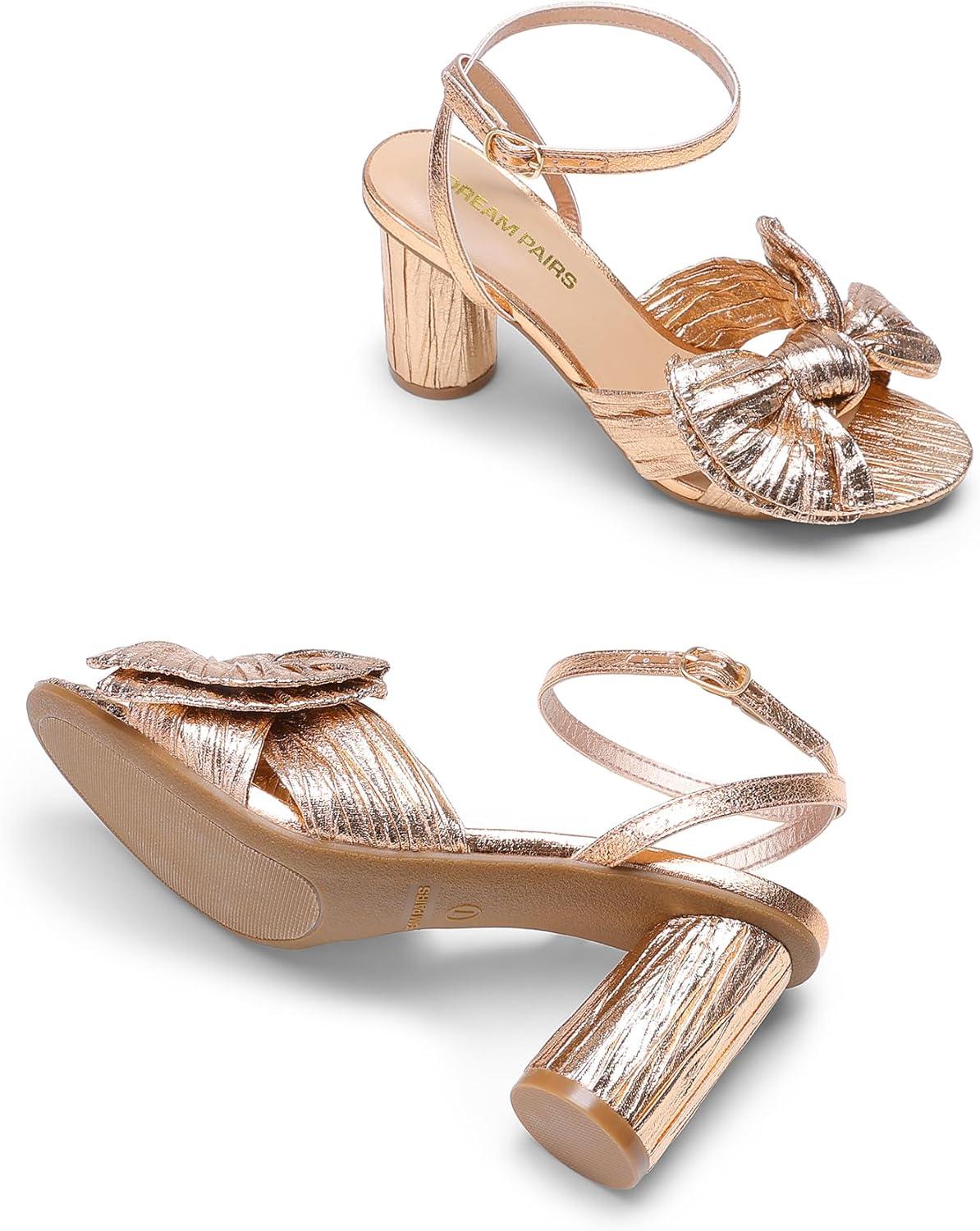 imageDREAM PAIRS Womens Bow Knot Heeled Sandals Low Chunky Heels Open Toe Ankle Strap Slingback Dress Shoes for Wedding Bridal PartyChampagne