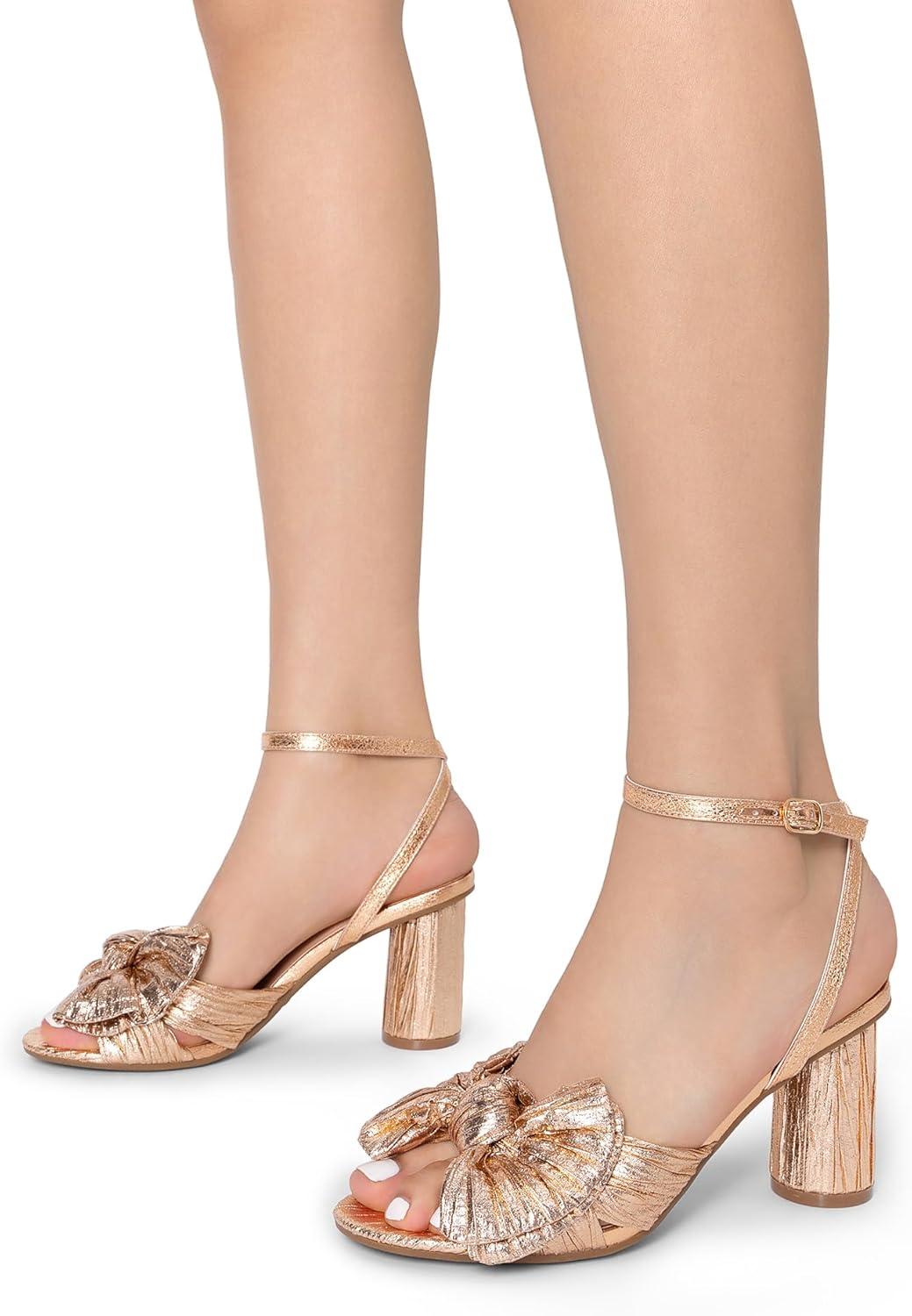 imageDREAM PAIRS Womens Bow Knot Heeled Sandals Low Chunky Heels Open Toe Ankle Strap Slingback Dress Shoes for Wedding Bridal PartyChampagne