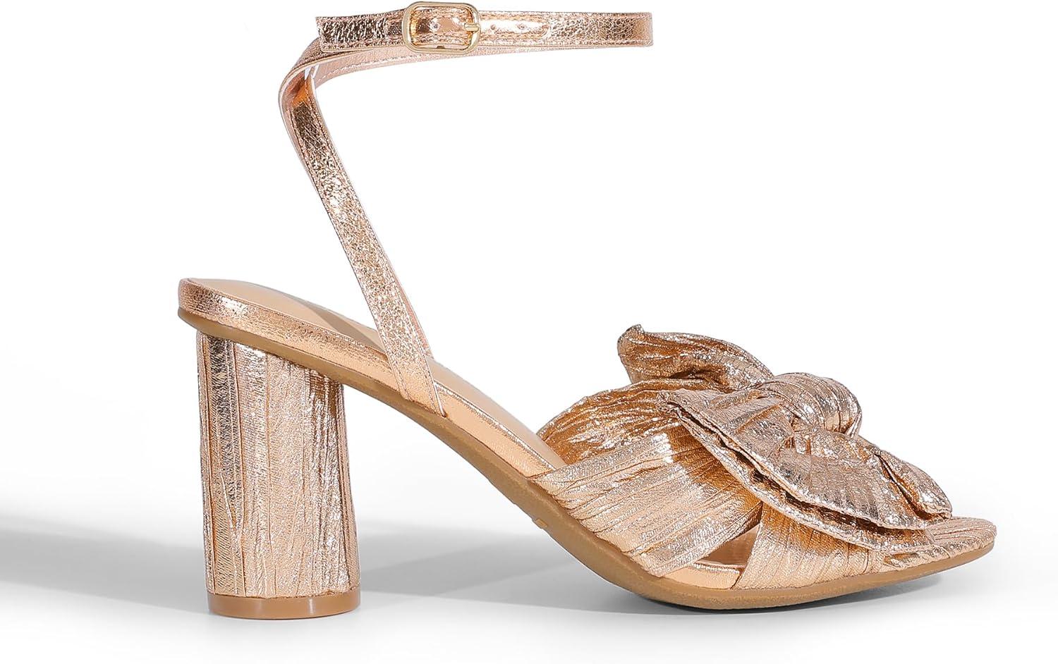 imageDREAM PAIRS Womens Bow Knot Heeled Sandals Low Chunky Heels Open Toe Ankle Strap Slingback Dress Shoes for Wedding Bridal PartyChampagne