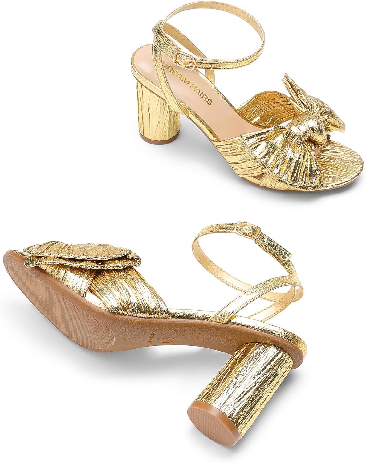 imageDREAM PAIRS Womens Bow Knot Heeled Sandals Low Chunky Heels Open Toe Ankle Strap Slingback Dress Shoes for Wedding Bridal PartyGold