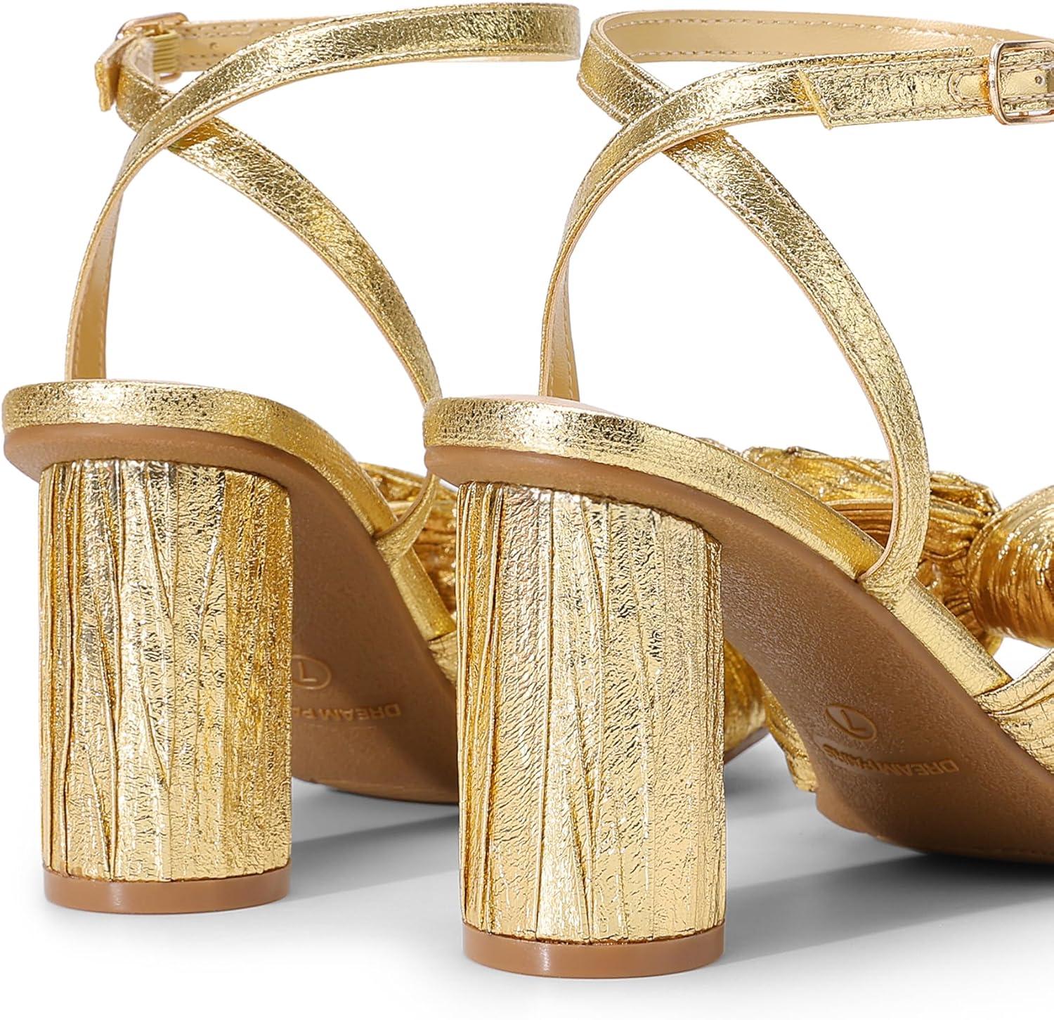 imageDREAM PAIRS Womens Bow Knot Heeled Sandals Low Chunky Heels Open Toe Ankle Strap Slingback Dress Shoes for Wedding Bridal PartyGold