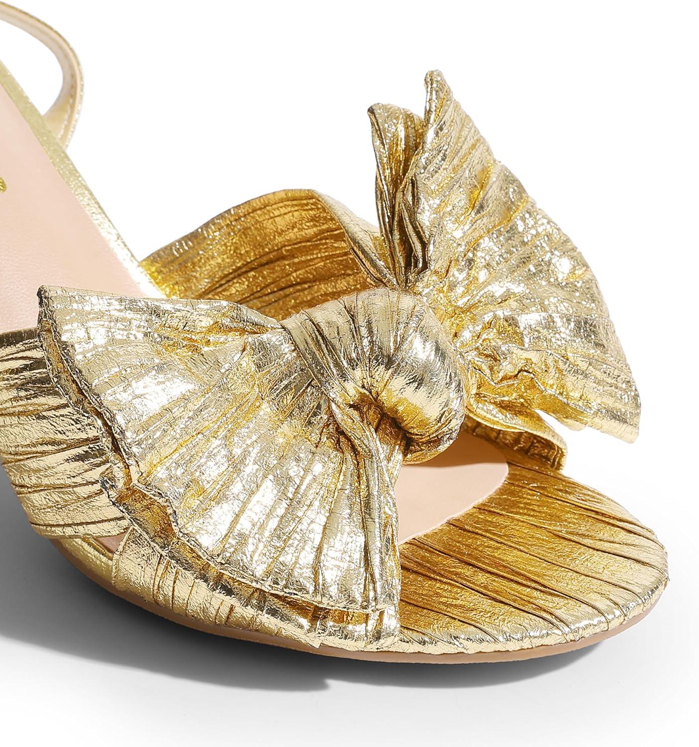 imageDREAM PAIRS Womens Bow Knot Heeled Sandals Low Chunky Heels Open Toe Ankle Strap Slingback Dress Shoes for Wedding Bridal PartyGold