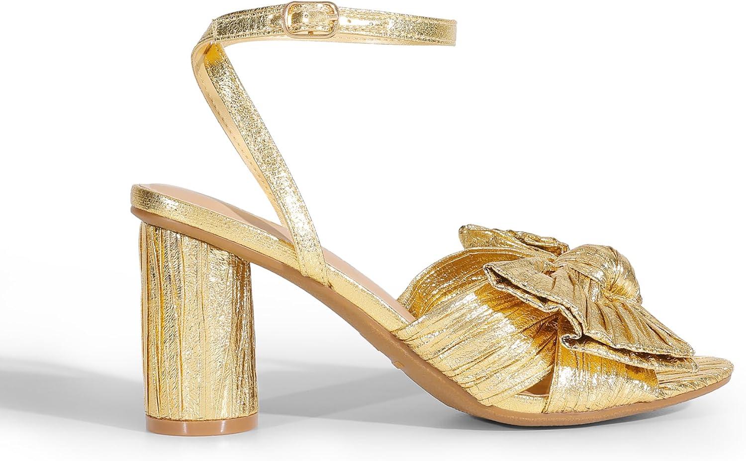 imageDREAM PAIRS Womens Bow Knot Heeled Sandals Low Chunky Heels Open Toe Ankle Strap Slingback Dress Shoes for Wedding Bridal PartyGold