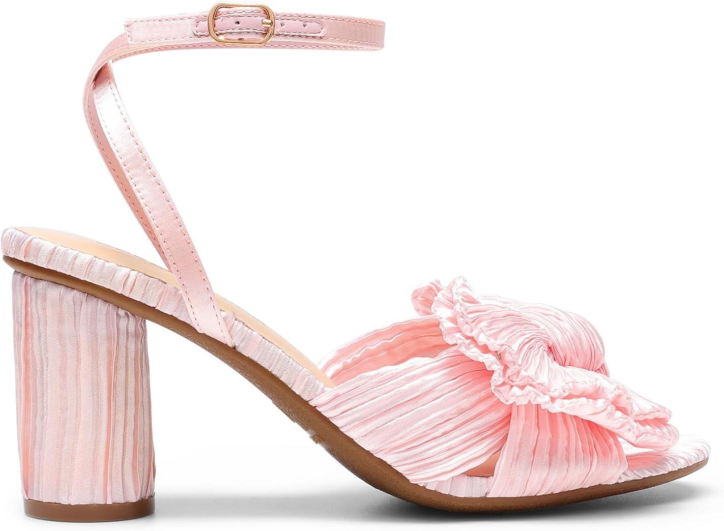 imageDREAM PAIRS Womens Bow Knot Heeled Sandals Low Chunky Heels Open Toe Ankle Strap Slingback Dress Shoes for Wedding Bridal PartyPink