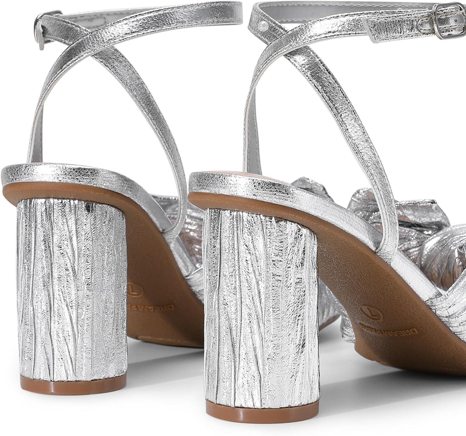 imageDREAM PAIRS Womens Bow Knot Heeled Sandals Low Chunky Heels Open Toe Ankle Strap Slingback Dress Shoes for Wedding Bridal PartySilver