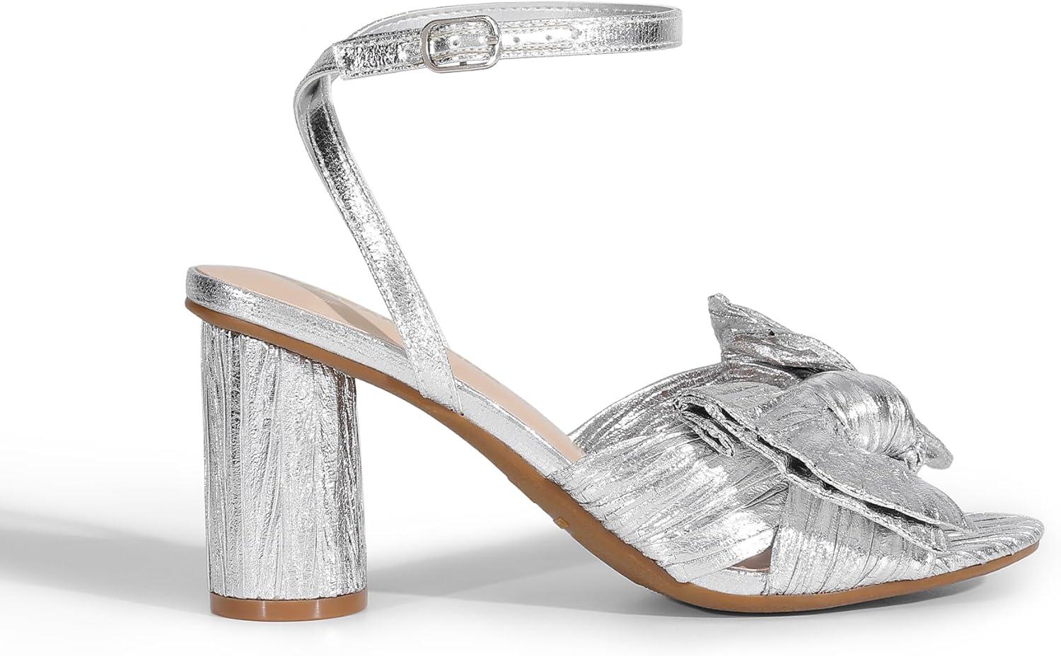 imageDREAM PAIRS Womens Bow Knot Heeled Sandals Low Chunky Heels Open Toe Ankle Strap Slingback Dress Shoes for Wedding Bridal PartySilver