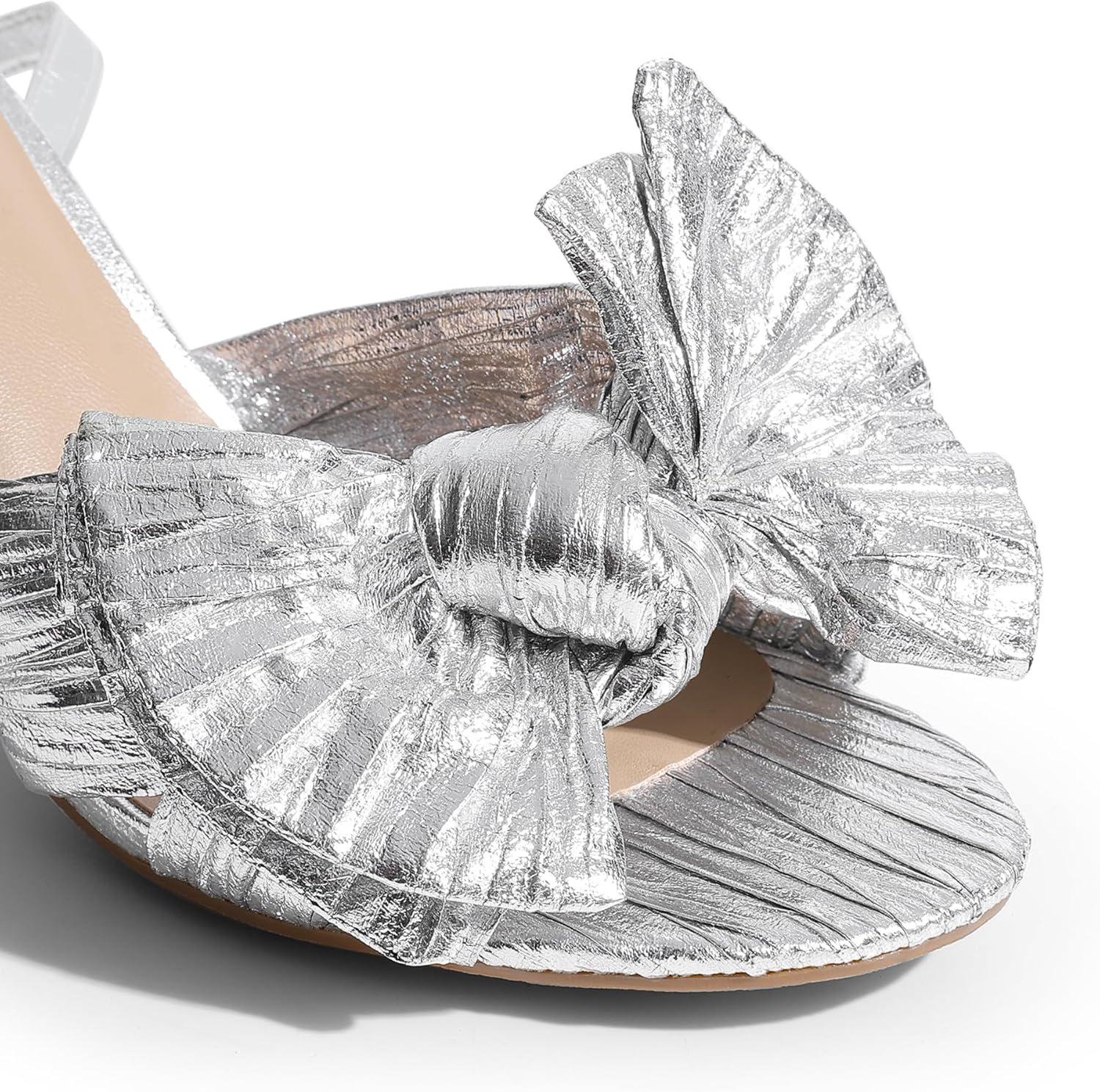 imageDREAM PAIRS Womens Bow Knot Heeled Sandals Low Chunky Heels Open Toe Ankle Strap Slingback Dress Shoes for Wedding Bridal PartySilver